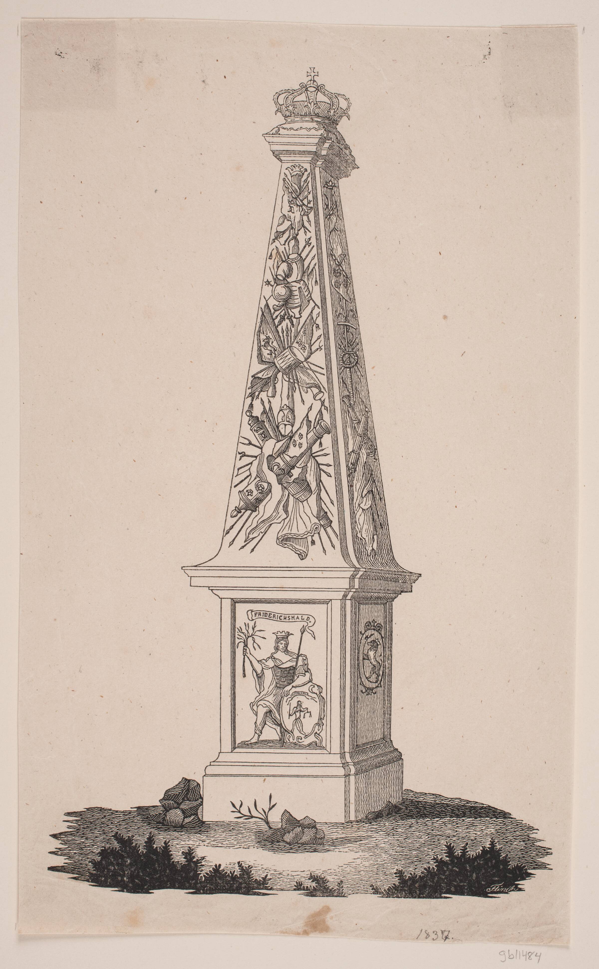 Mindestøtte ved Frederikshald på det sted, hvor Karl 12. faldt, Andreas Flinch, 1837