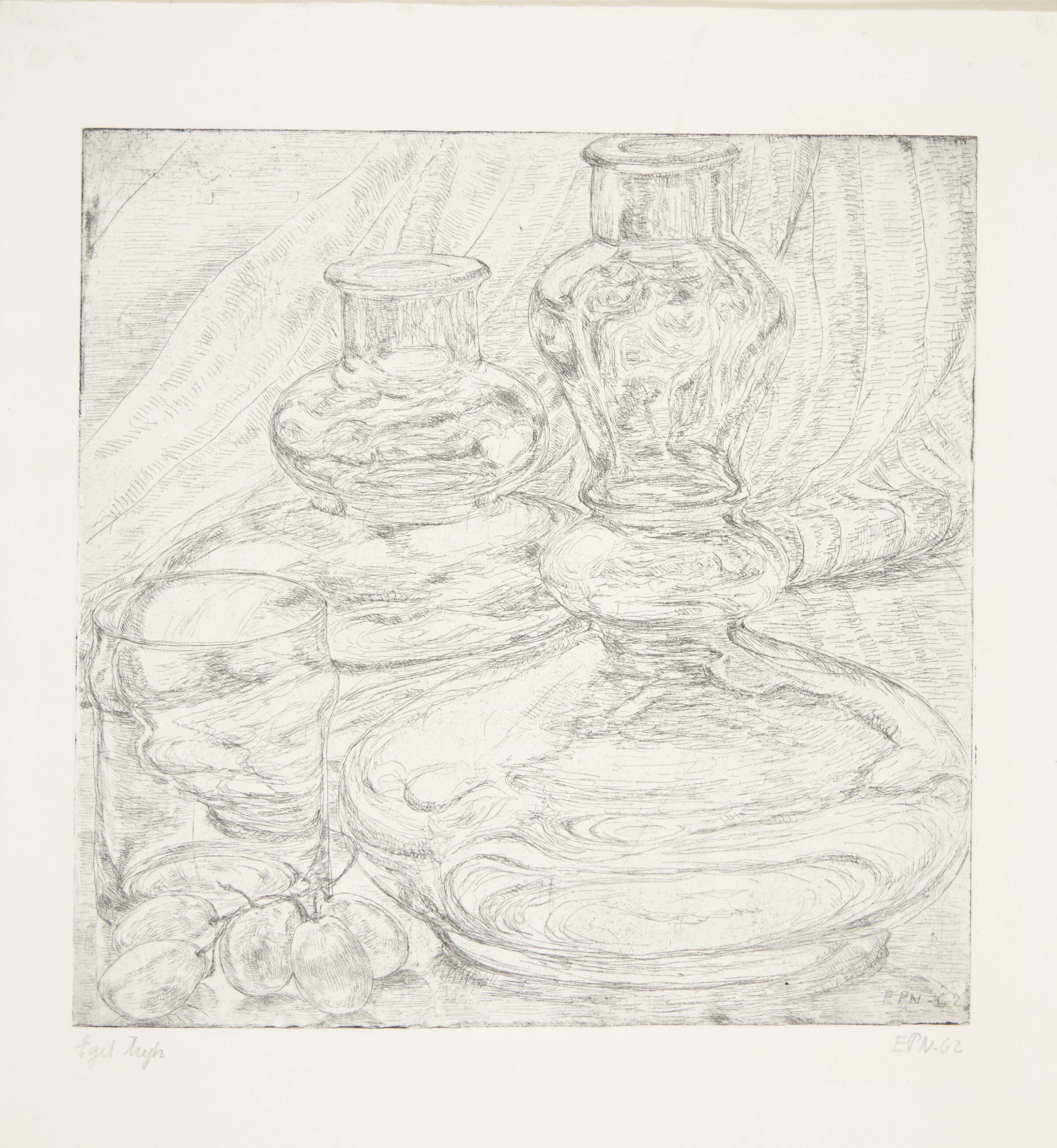 Opstilling med to karafler og et glas, Elsa Nielsen, 1962