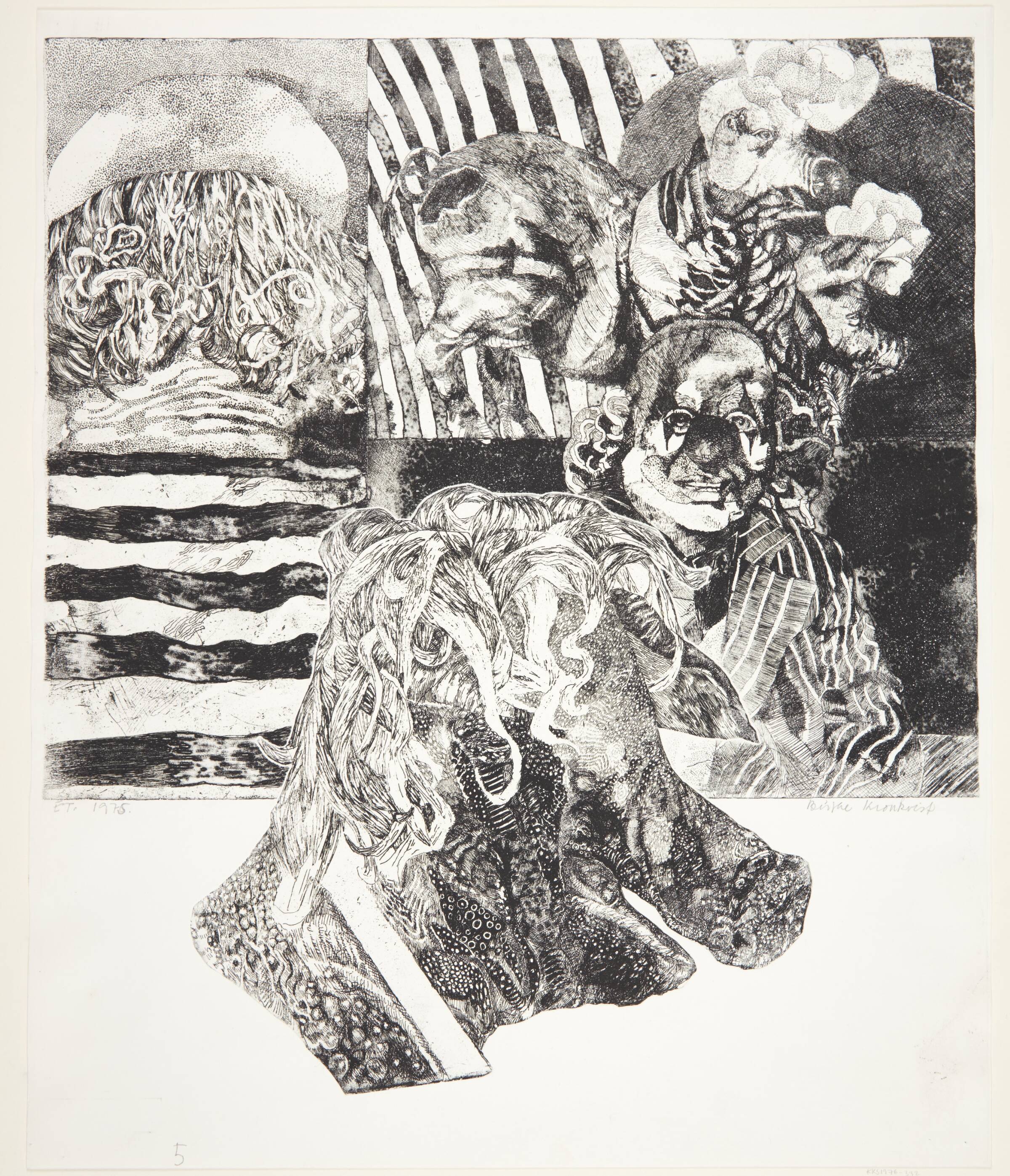 Svinehoved i profil mod højre, klovnehoved en face, to pyntede svin og en rygvendt buste, Birthe Kronkvist, 1975