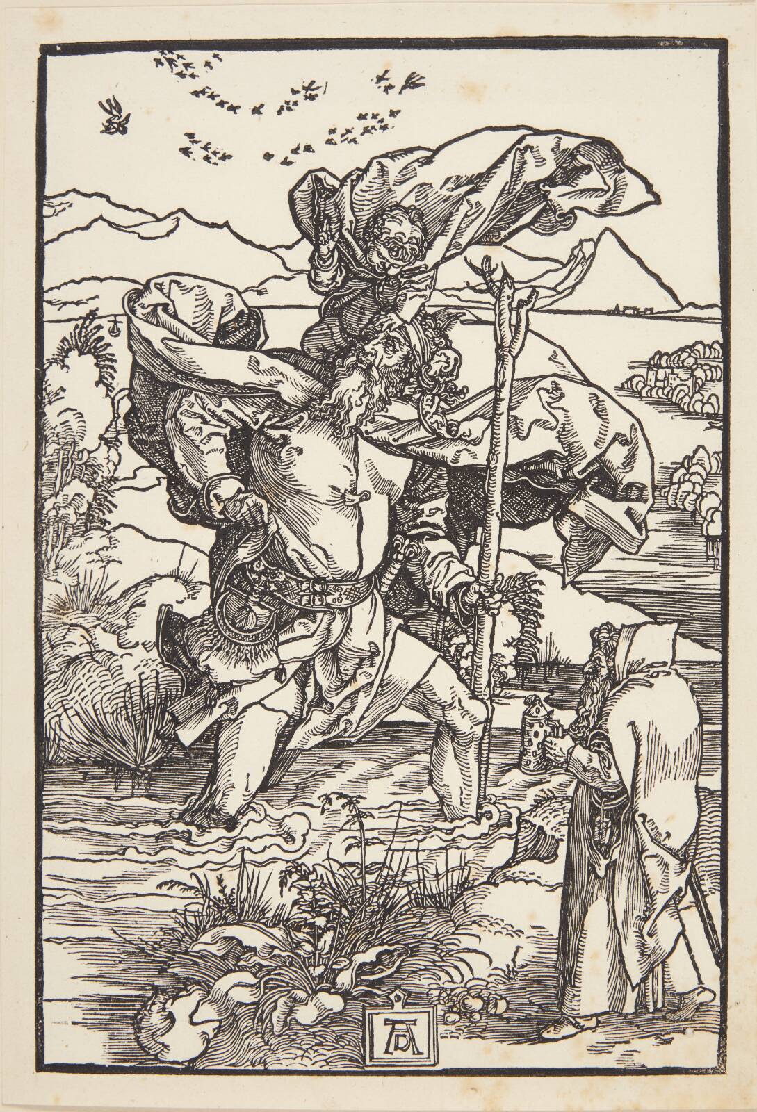 St. Christopher in the wilderness with a flight of birds, by Albrecht Dürer, 1501-1504