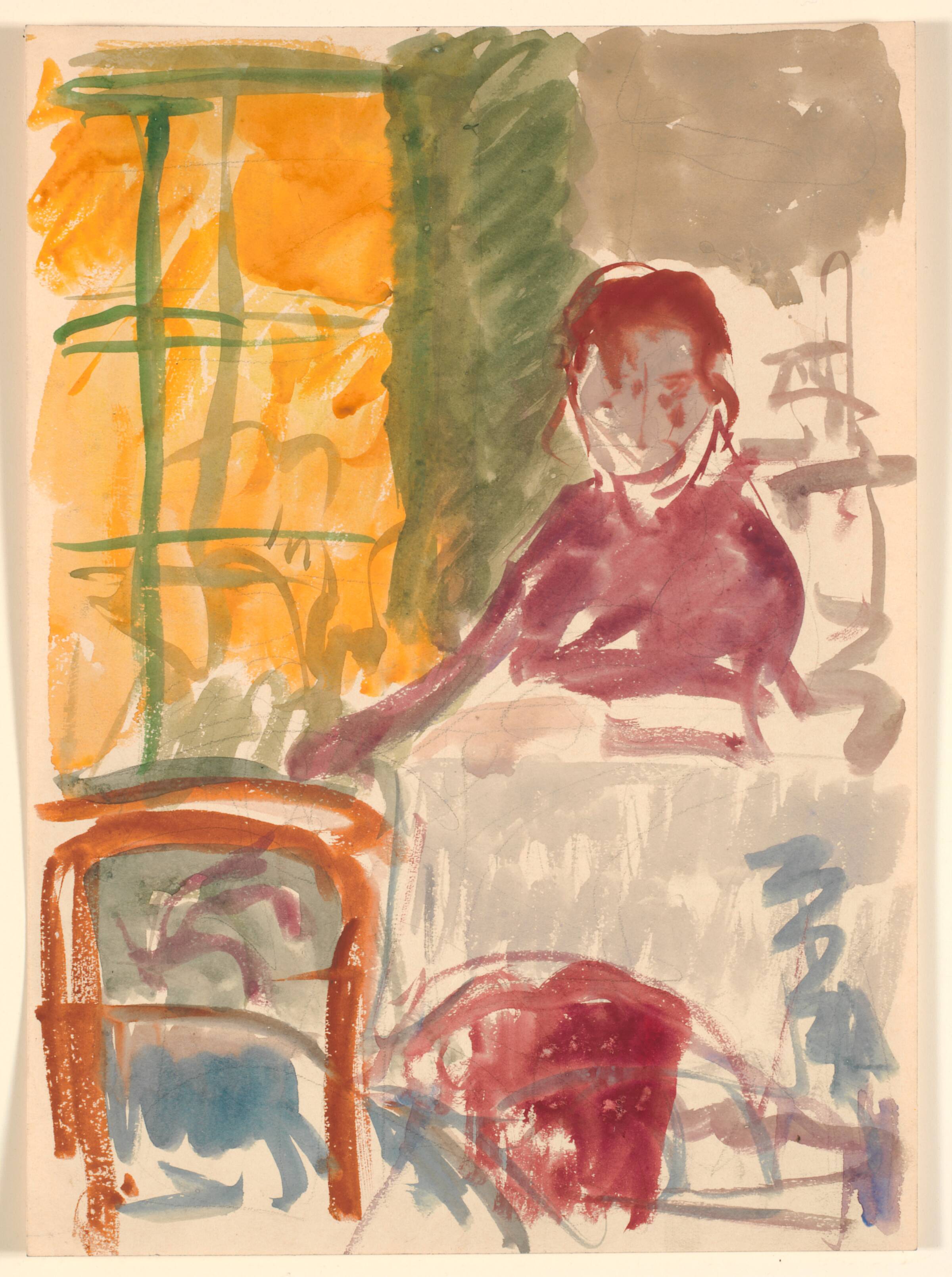 Interiør med siddende kvinde ved et bord, Aksel Jørgensen, 1930-1939