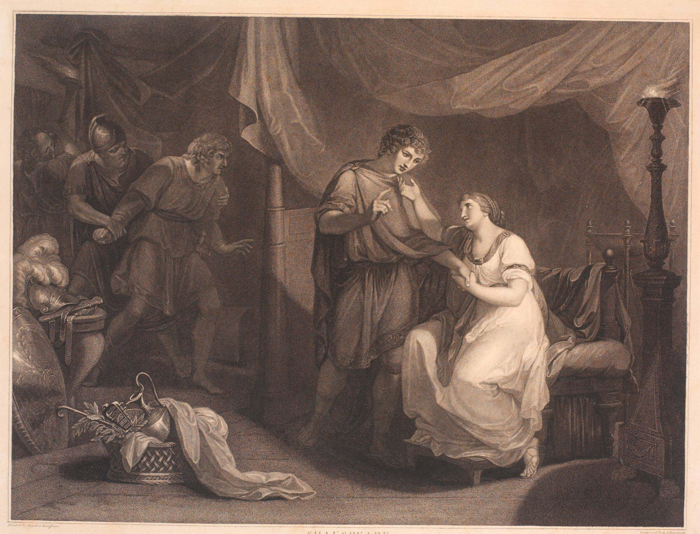 Troilus overrasker Cressida og Diomedes. Fra William Shakespeares "Troilus og Cresida", 5 akt, 2 scene, Luigi Schiavonetti, 1792-1794
