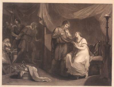 Troilus overrasker Cressida og Diomedes. Fra William Shakespeares "Troilus og Cresida", 5 akt, 2 scene