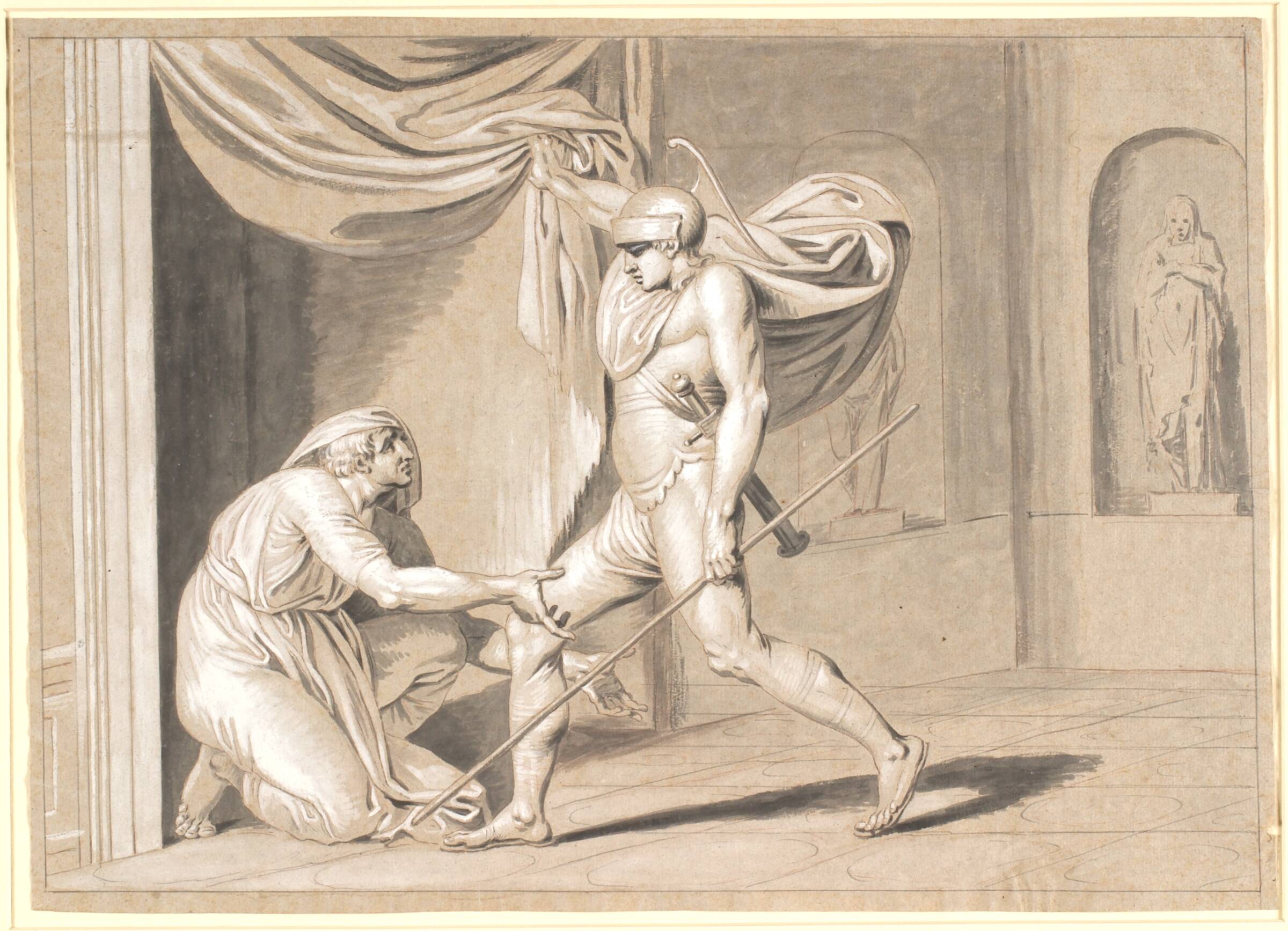 En soldat finder Claudius, der frygter for at blive Kejser, gemt bag et gardin, Nicolai Abildgaard, 1743-1809