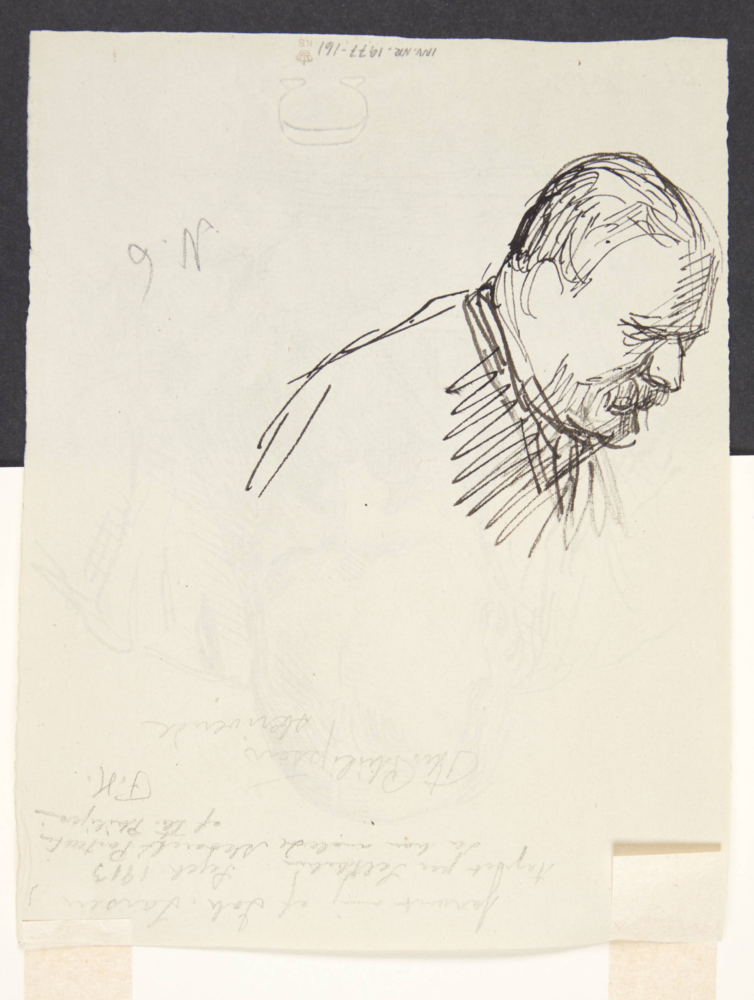 Skitse af Th. P.'s hoved i profil, bøjet mod h., Johannes Larsen, 1913