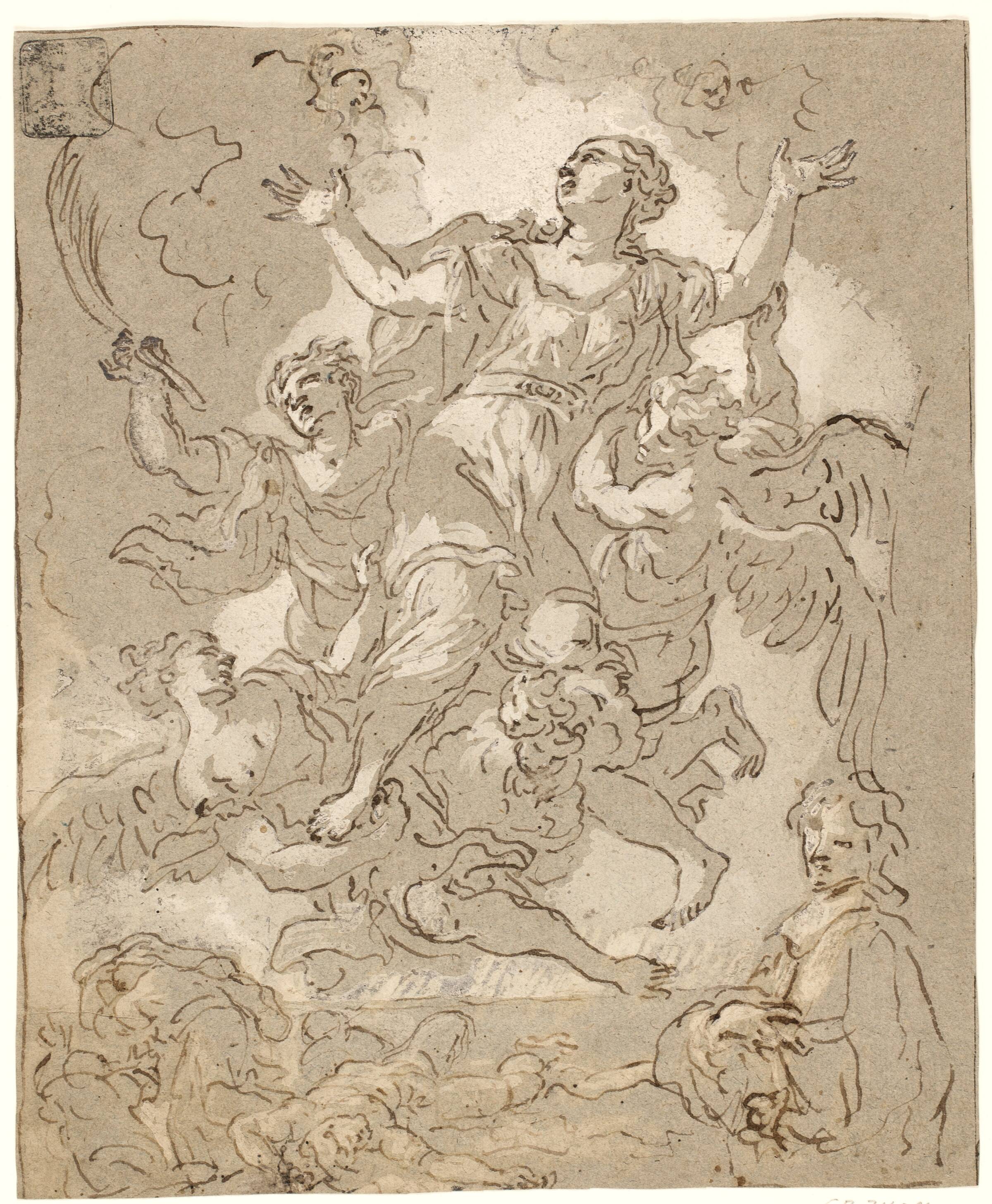 Den hellige Rosalia i skyen, omgivet af døende og løbende figurer samt f.n. en mand i halvfigur, Daniel Seiter, 1647-1705