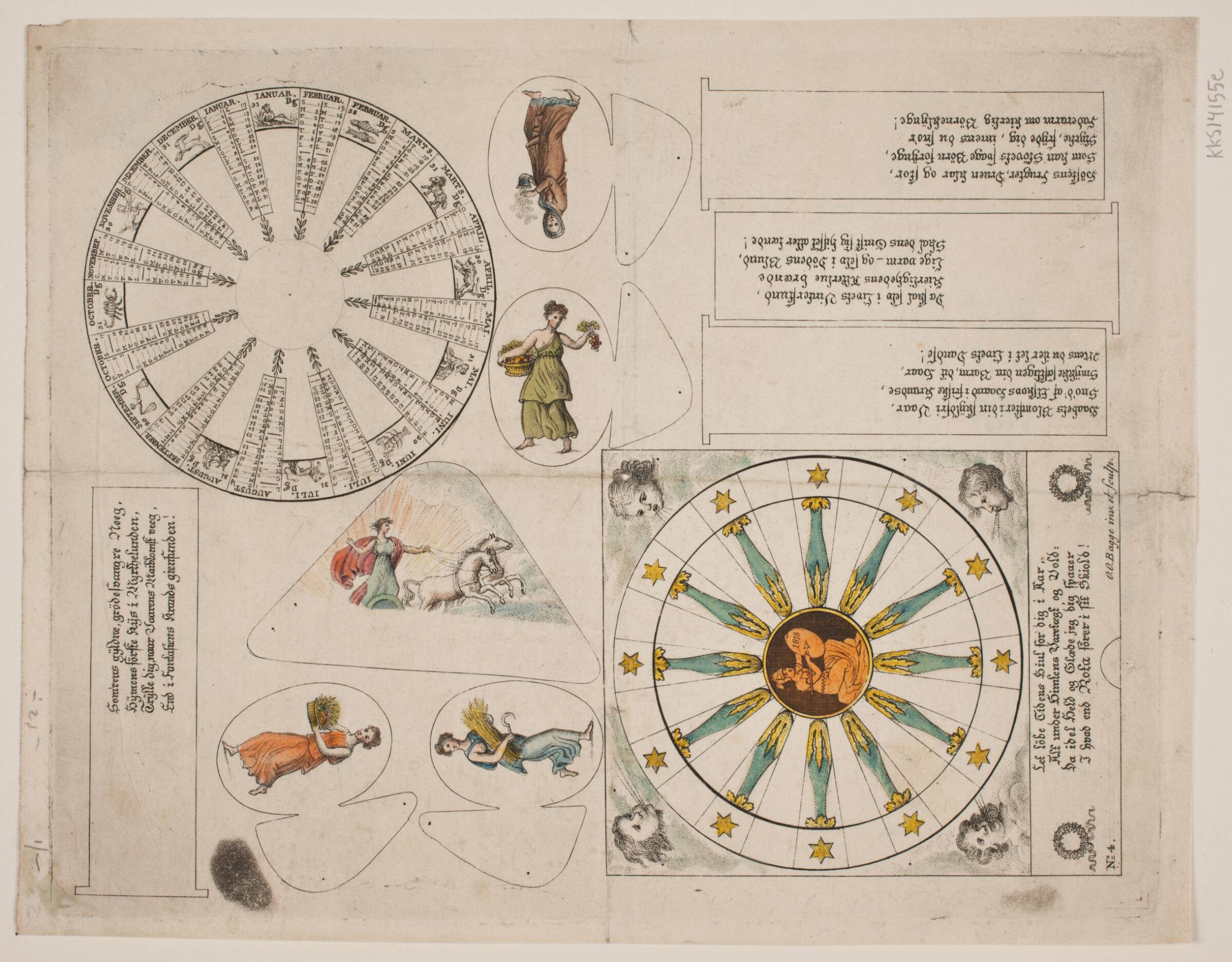 Illustrationstavle med almanak-cirkel og fem vers, Oluf Olufsen Bagge, 1780-1836