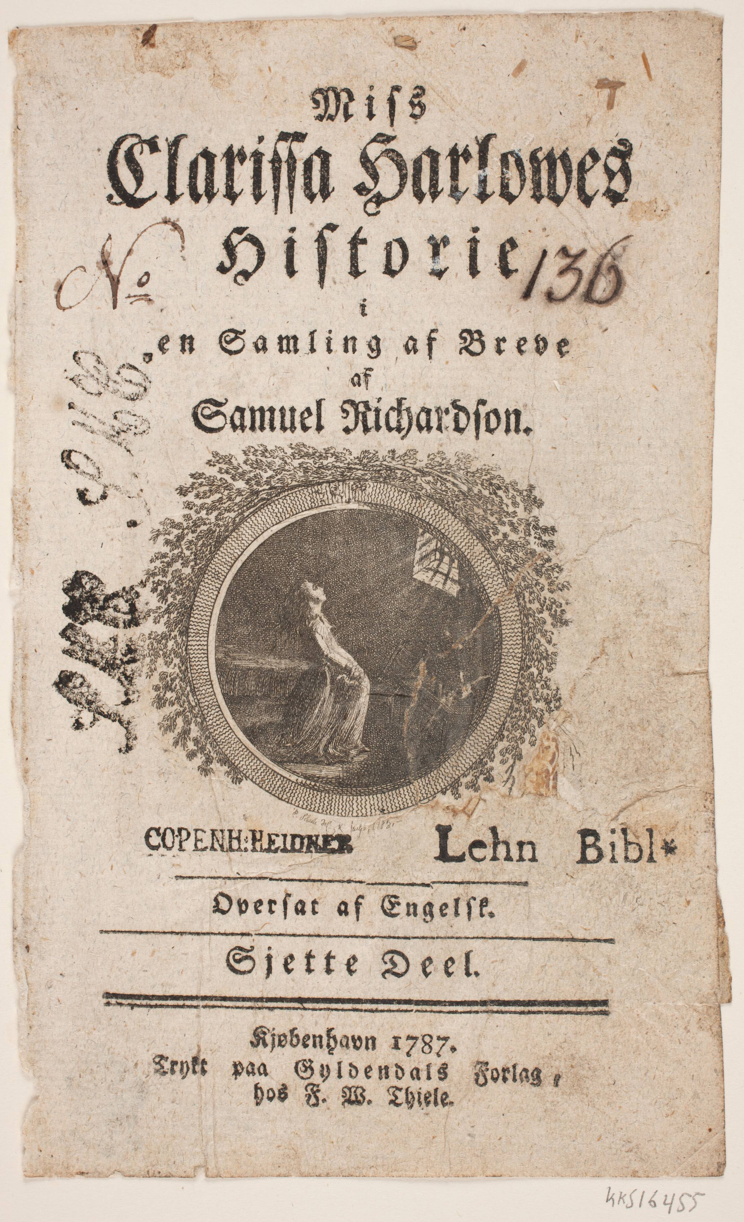 Titelblad med vignet til S. Richardson: "Miss Clarissa Harlowes Historie", sjette del, Georg Christian Schule, 1783