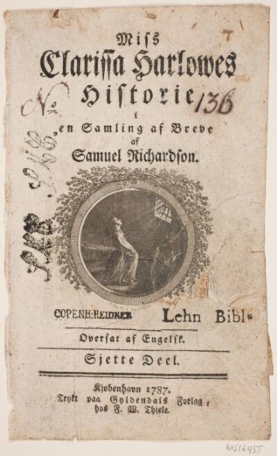 Titelblad med vignet til S. Richardson: "Miss Clarissa Harlowes Historie", sjette del