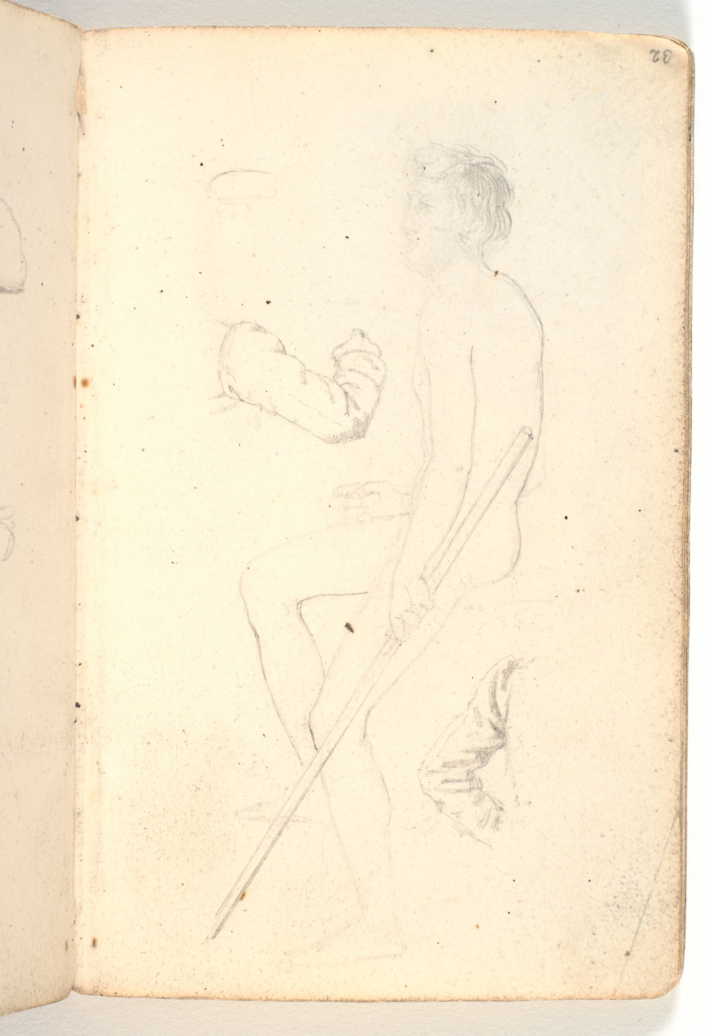 Nøgen mand med stav i hånden samt to ærmer, Martinus Rørbye, 1825-1826