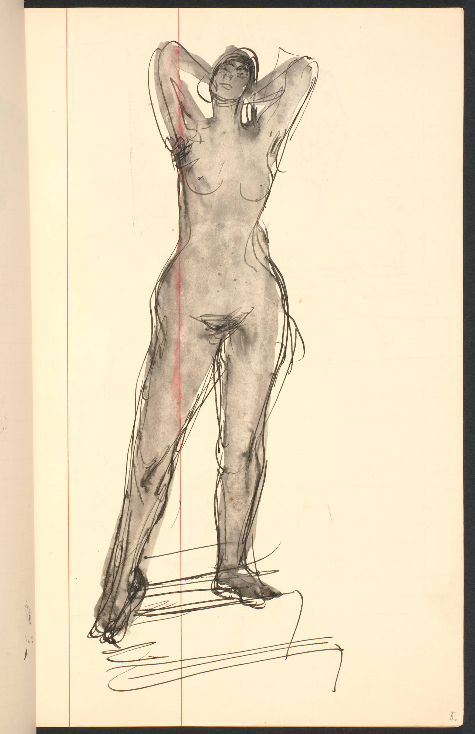 Stående model, nøgen med hænderne foldet bag hovedet, Gottfred Eickhoff, 1955