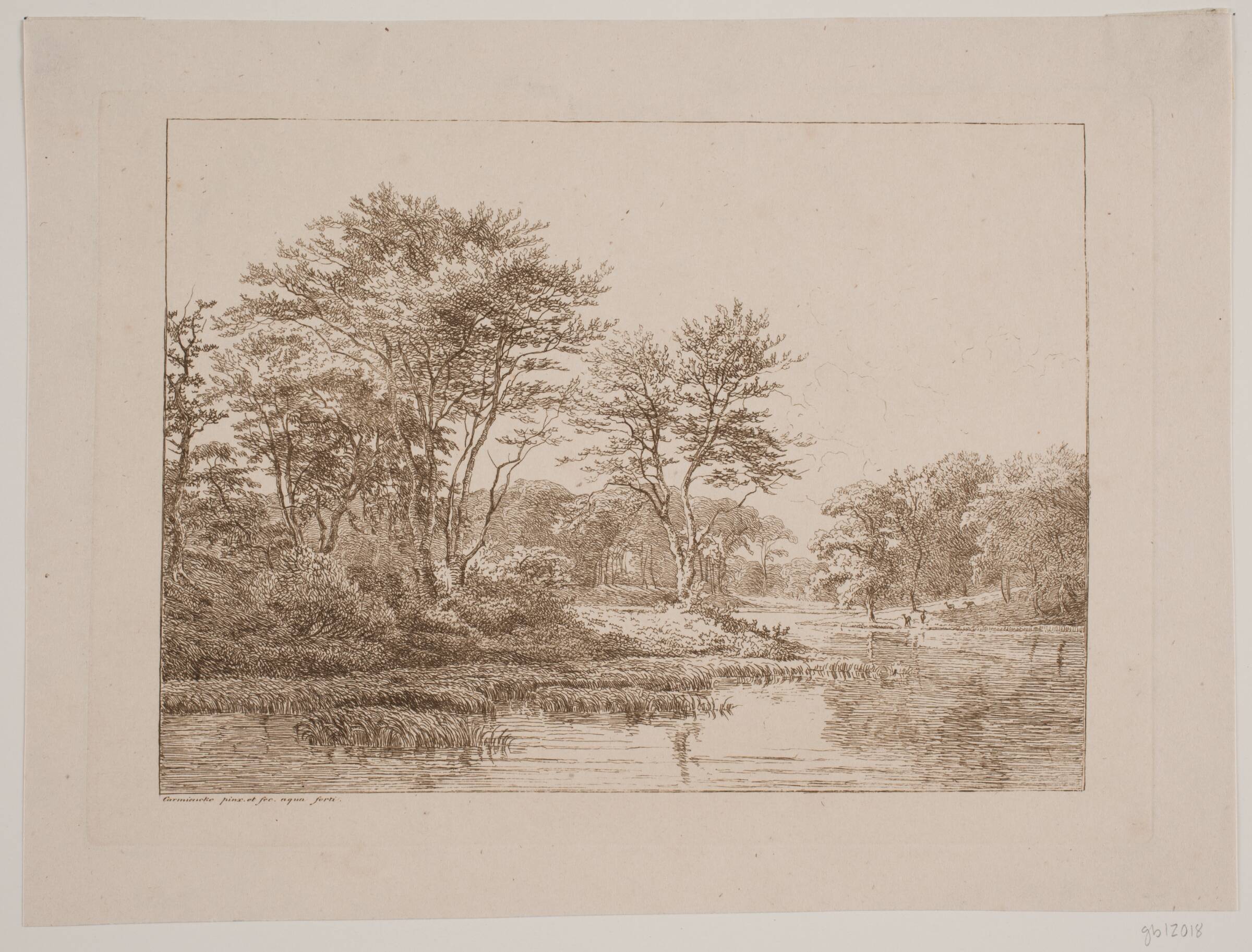 Skovlandskab ved en sø, Hermann Carmiencke, 1810-1867