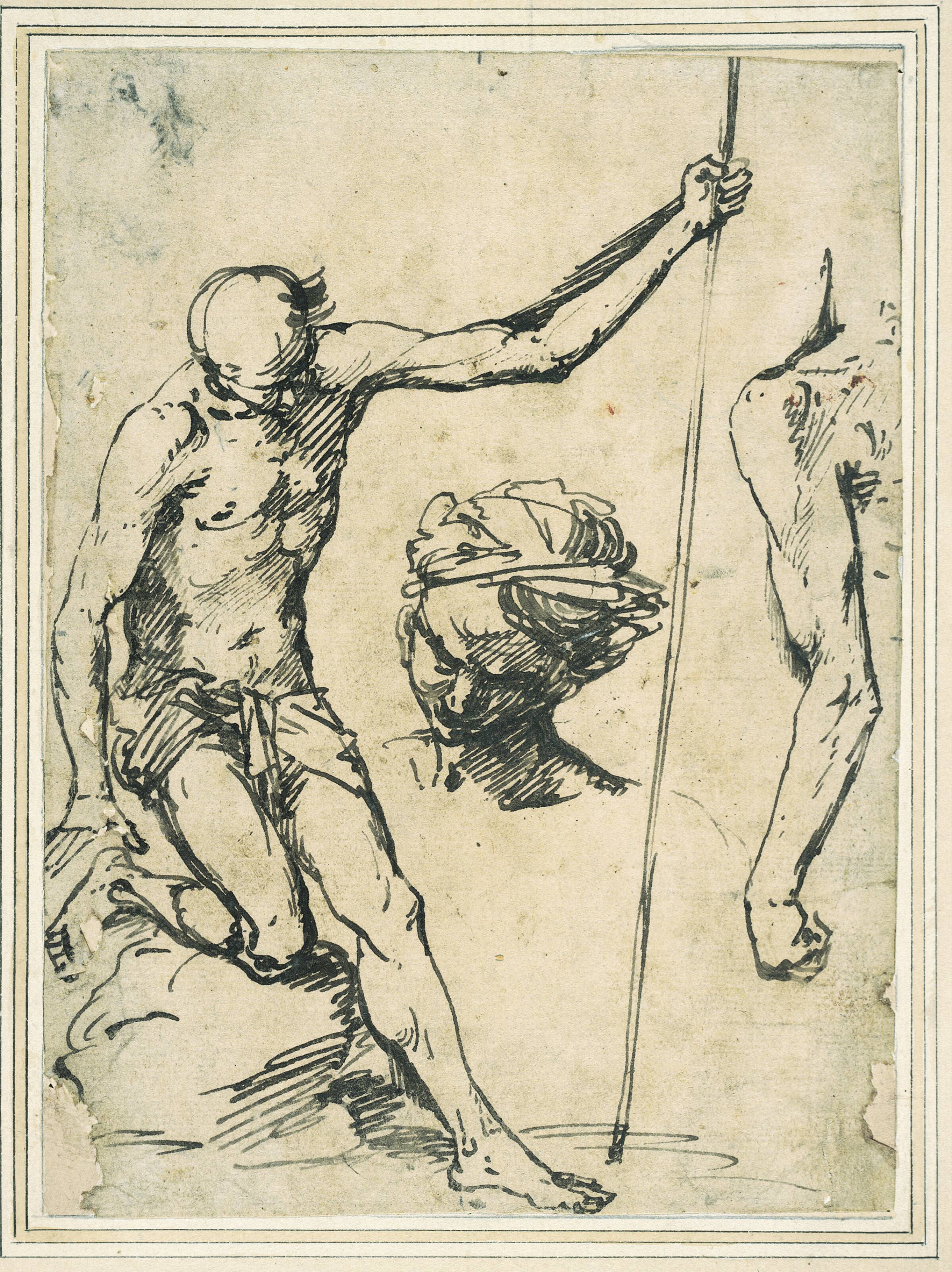 Figurstudier: mand med stav, hovedet af en mand med turban, studie af en mandsarm set bagfra, Giuseppe Ribera, 1591-1652