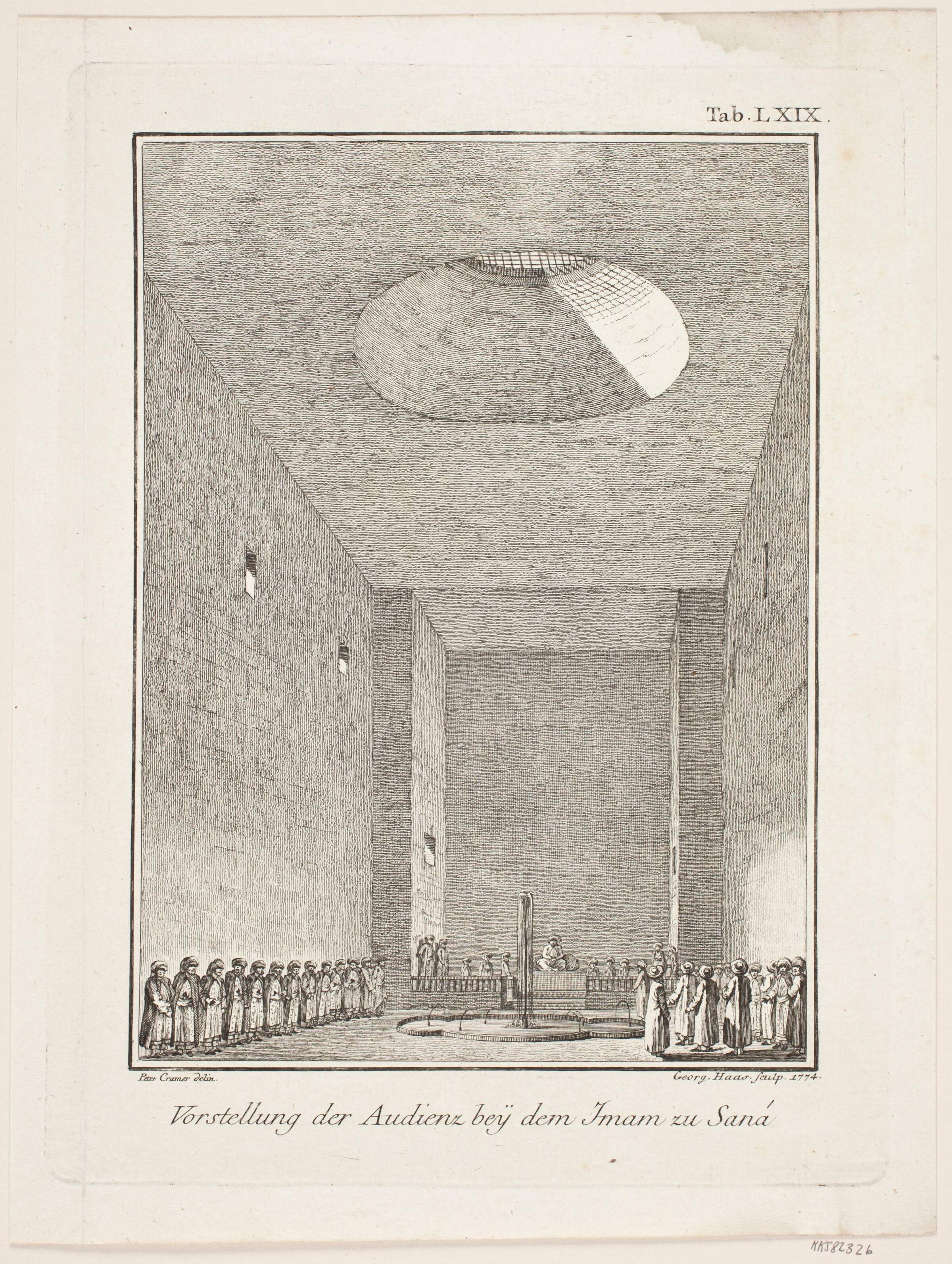 Vorstellung der audienz bey dem iman zu Sana. Illustration til Niebuhrs "Reisebeschreibung nach Arabien", 1. del, Georg Haas, 1774