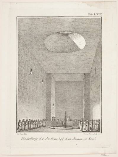 Vorstellung der audienz bey dem iman zu Sana. Illustration til Niebuhrs "Reisebeschreibung nach Arabien", 1. del