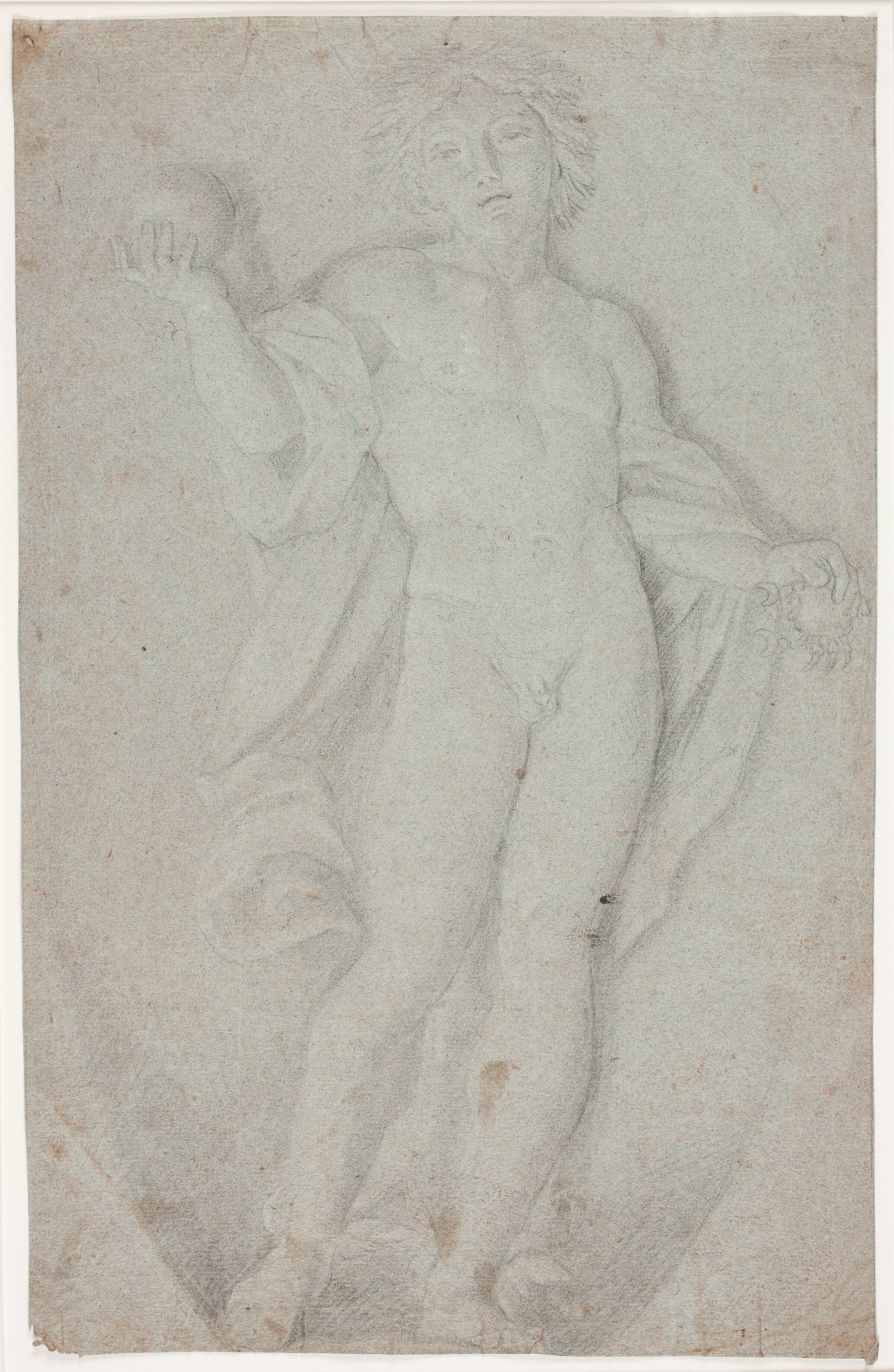 Stående ung mand holdende en kugle og en krabbe, Hendrik Krock, 1671-1738