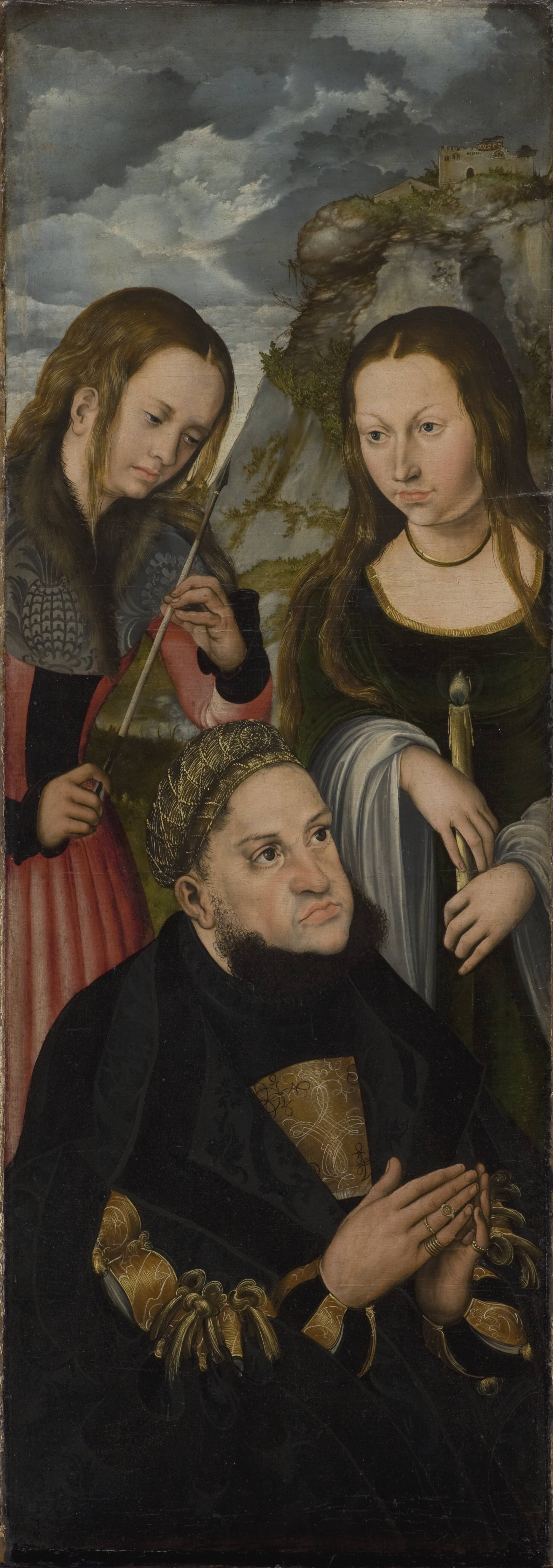 Kurfyrst Frederik den Vise af Sachsen (1463-1525) med helgeninderne Ursula (tv.) og Genoveva (th.), Lucas Cranach, 1510-1512