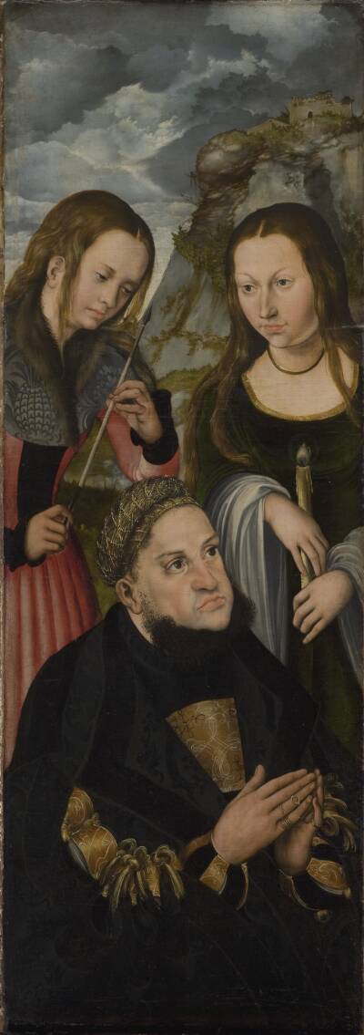 Kurfyrst Frederik den Vise af Sachsen (1463-1525) med helgeninderne Ursula (tv.) og Genoveva (th.)