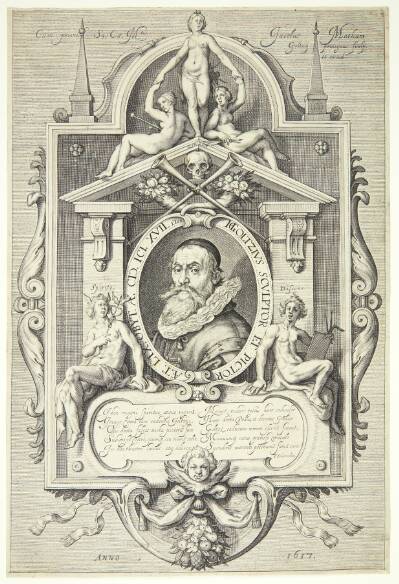 Portræt af Hendrick Goltzius i allegorisk ramme