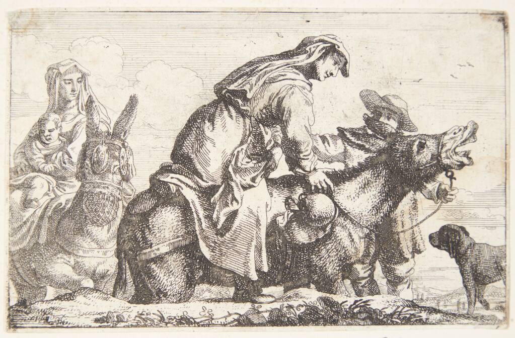 En kvinde, der stiger op på et æsel, Jan Baptist de Wael, 1636-1697