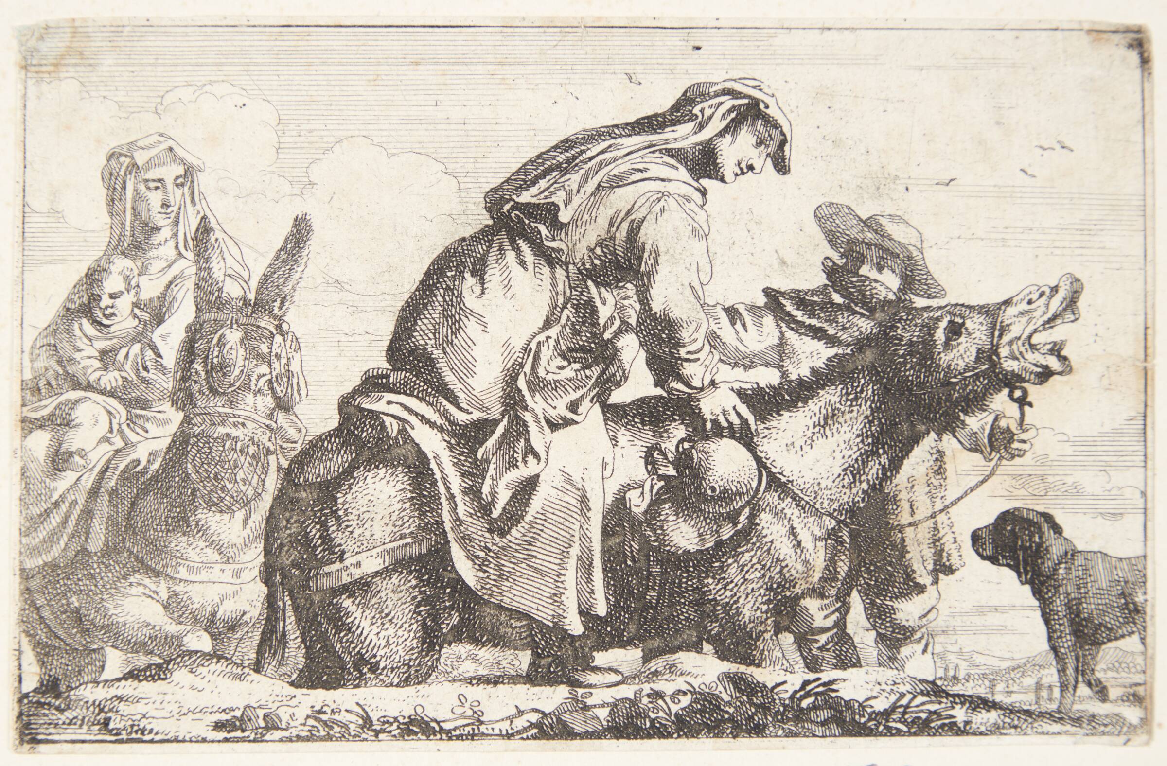 En kvinde, der stiger op på et æsel, Jan Baptist de Wael, 1636-1697