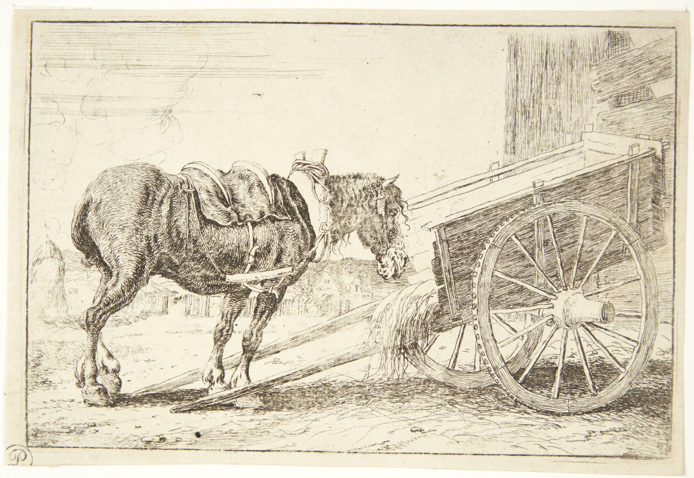 Hest ved en tohjulet kærre, Jan van den Hecke I, 1619-1684
