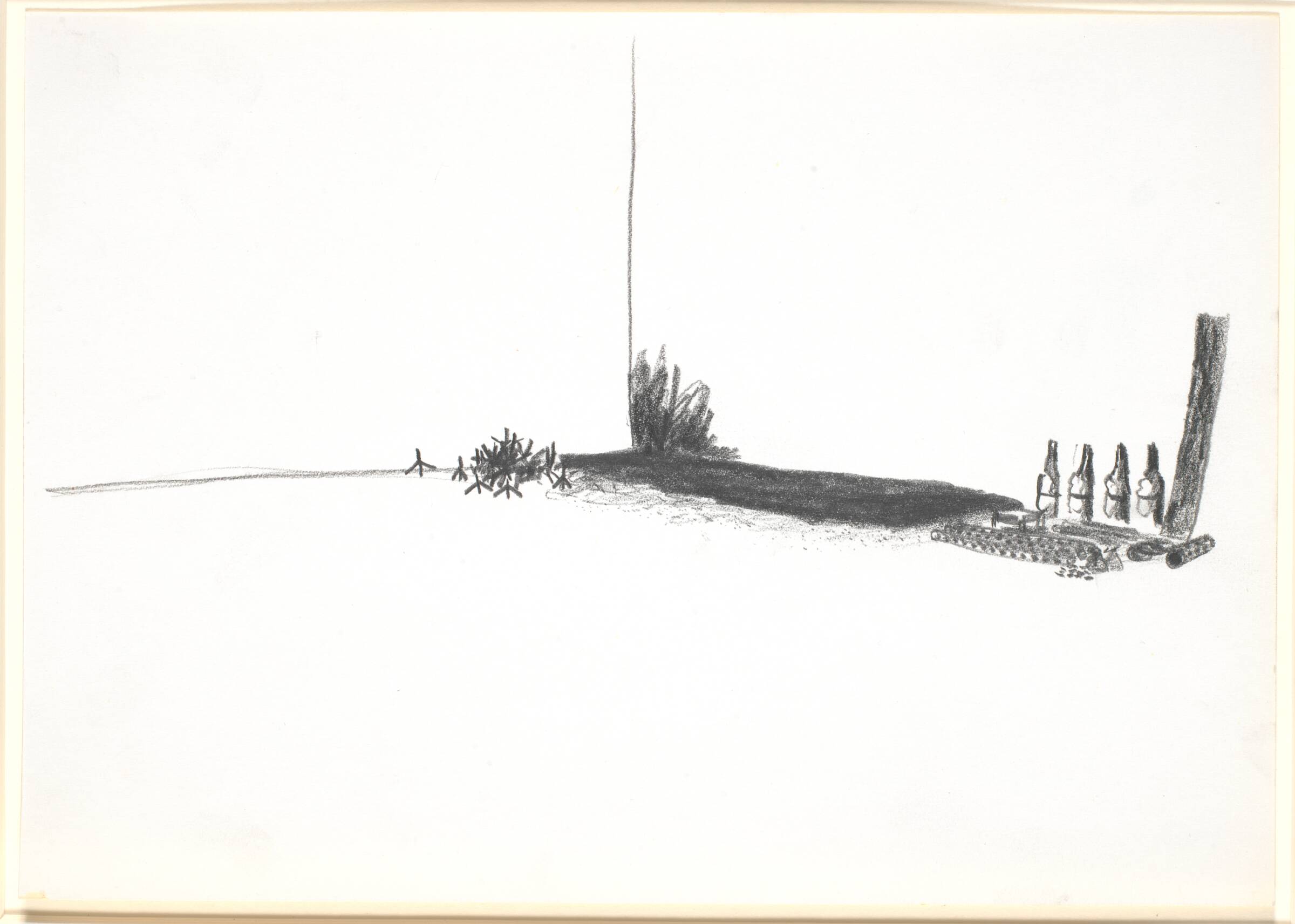 Tegning. Partisansøm, våbendele m.m.. Tegning omkring kunstnerens installationer af våben og redskaber, Nina Sten-Knudsen, 1980