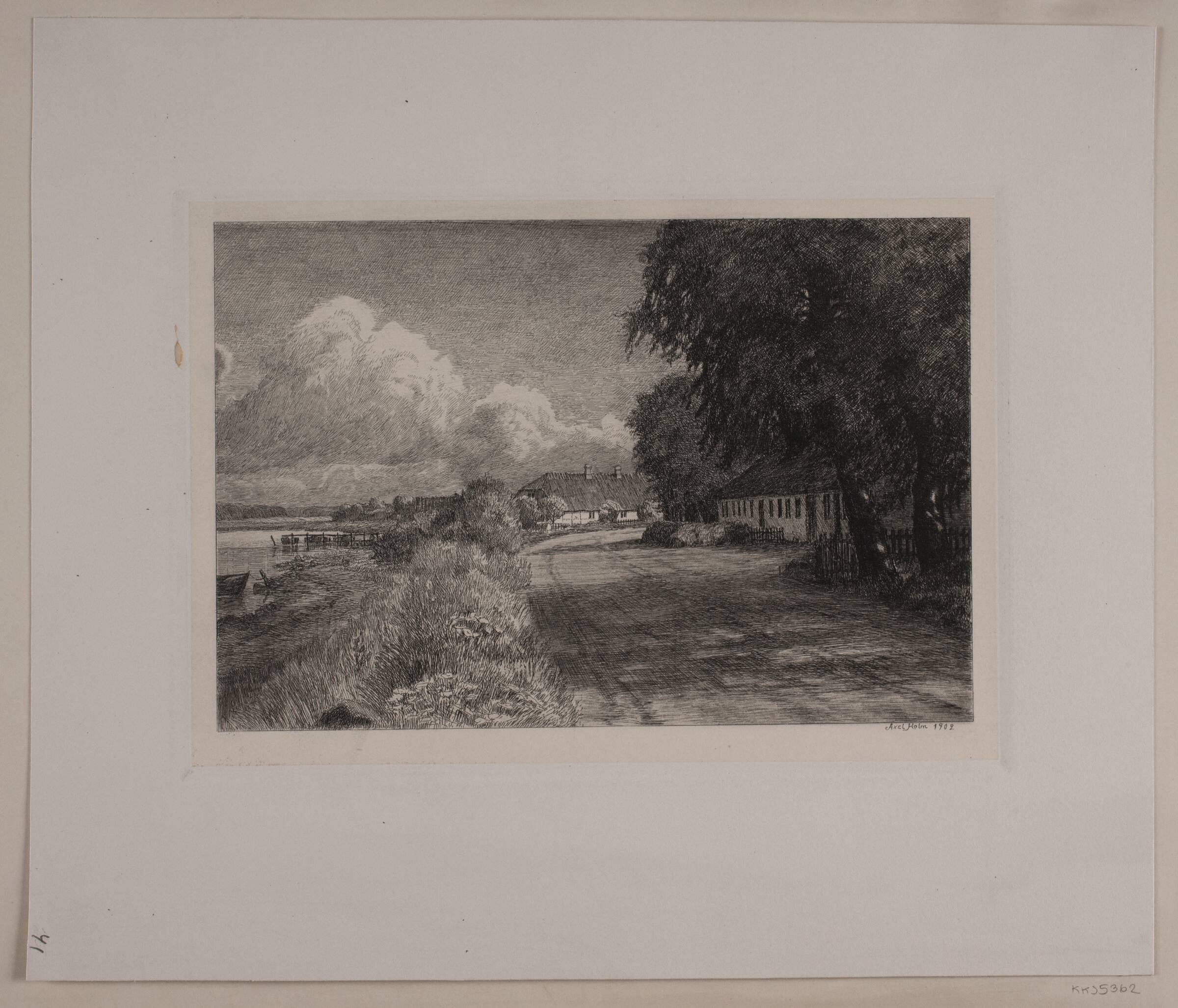 Landskab med indsø. Huse, Axel Holm, 1902