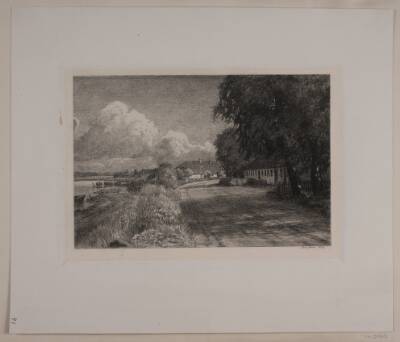 Landskab med indsø. Huse