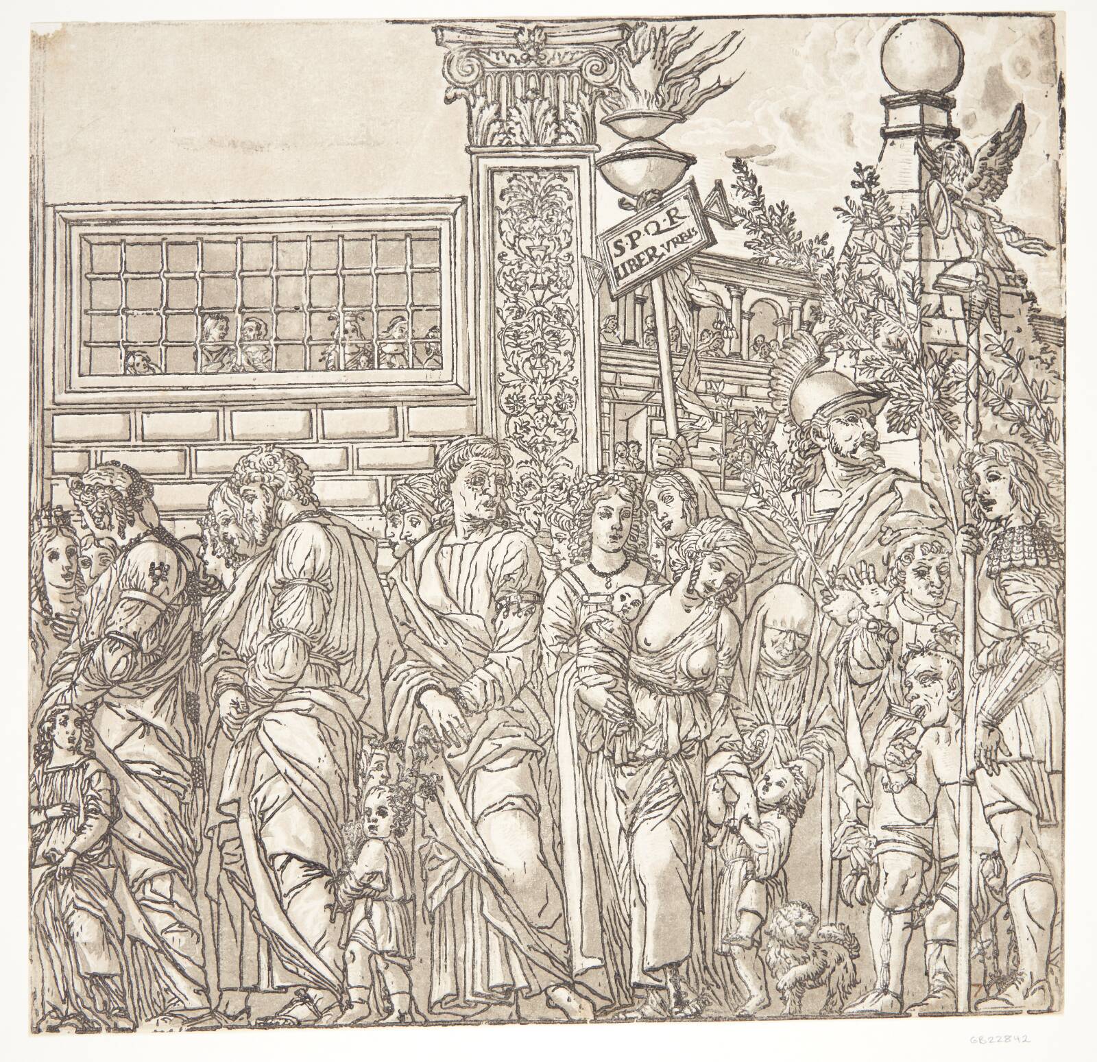 Mænd, kvinder og børn i procession, Andrea Andreani, 1599