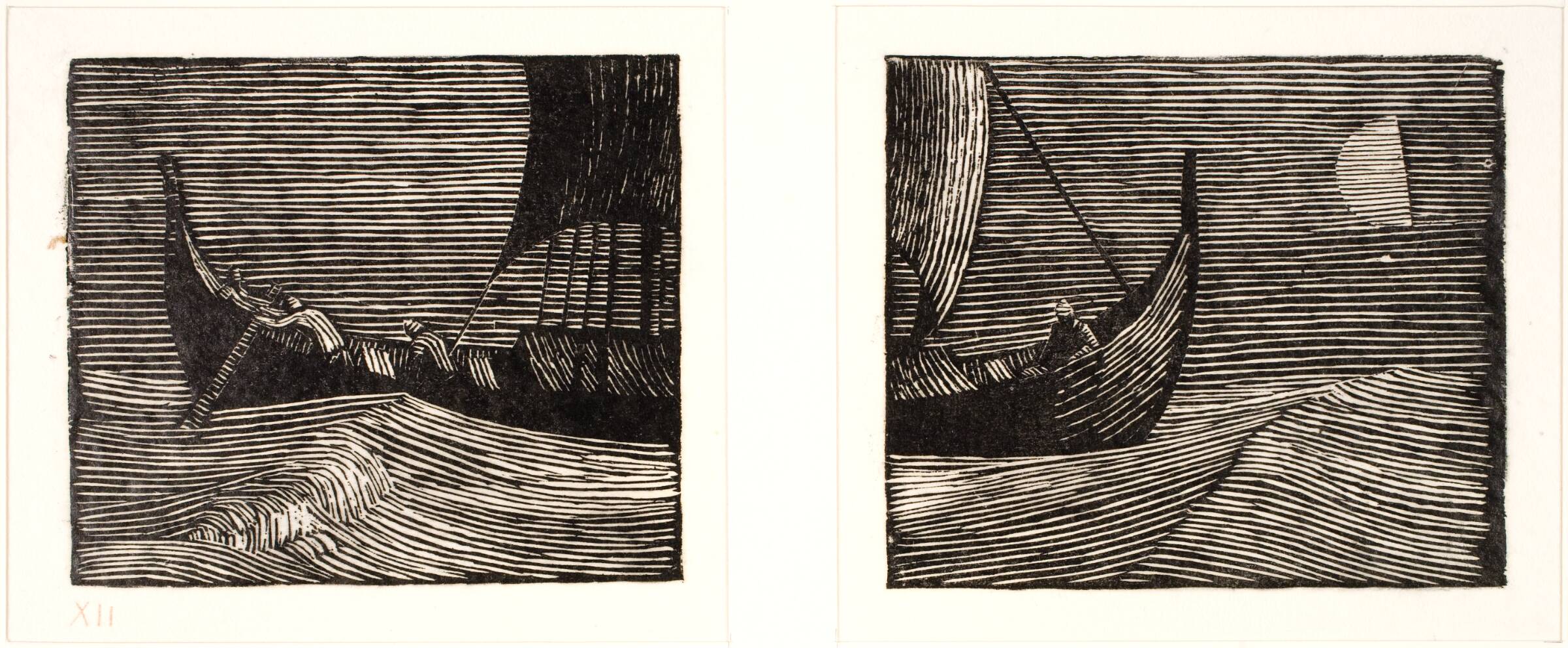 Illustrationer til side 82-83 i "The History of Amleth, Prince of Denmark by Saxo Grammaticus", Sigurd Vasegaard, 1953