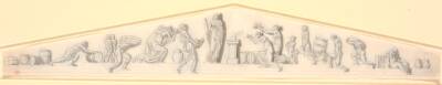 Frontongruppe med talrige figurer, der bringer frugter og varer hen mod et alter, ved hvis side der står en kvinde, symboliserende skibsfarten