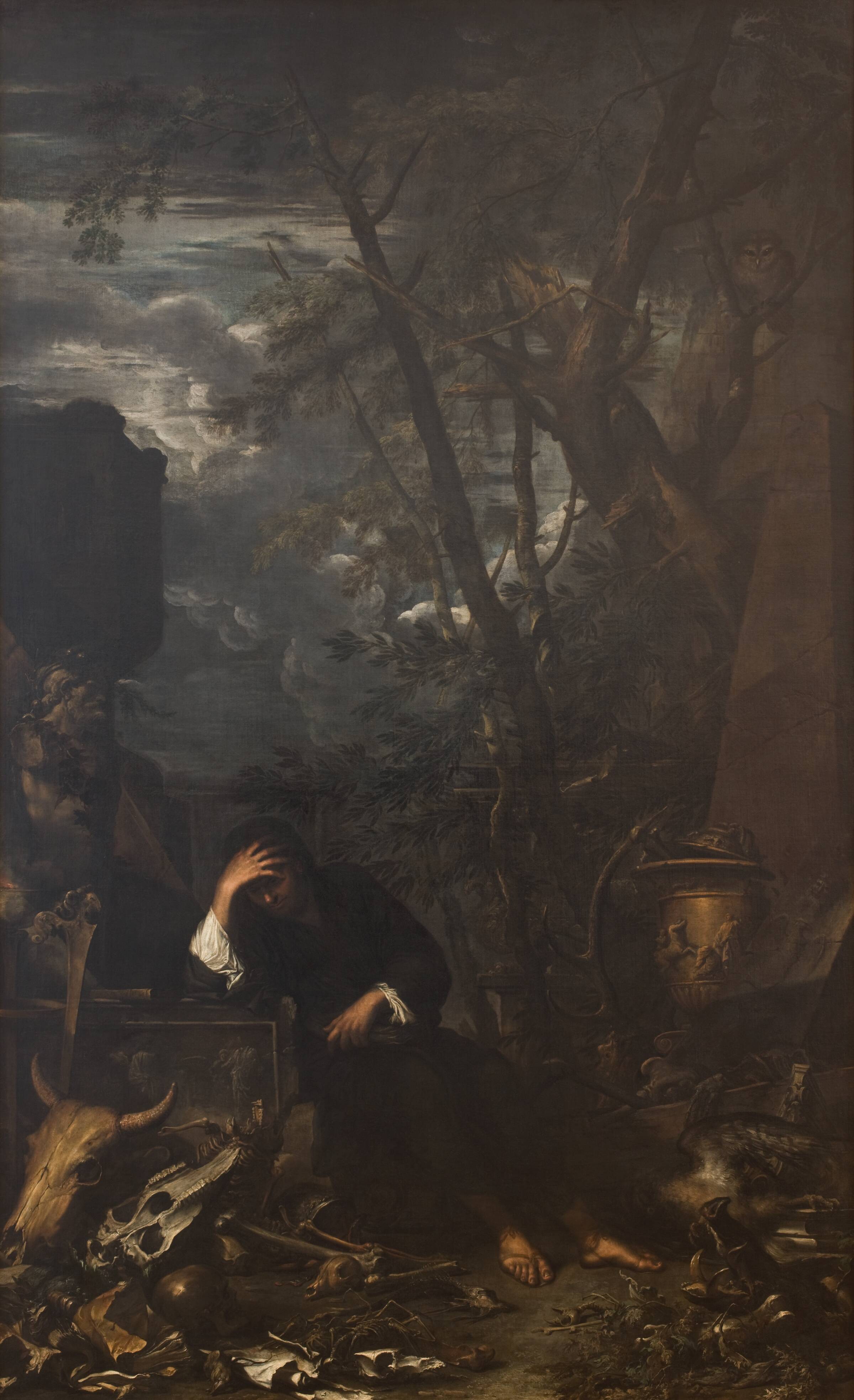 Demokrit, hensunken i betragtninger, Salvator Rosa, 1650-1651