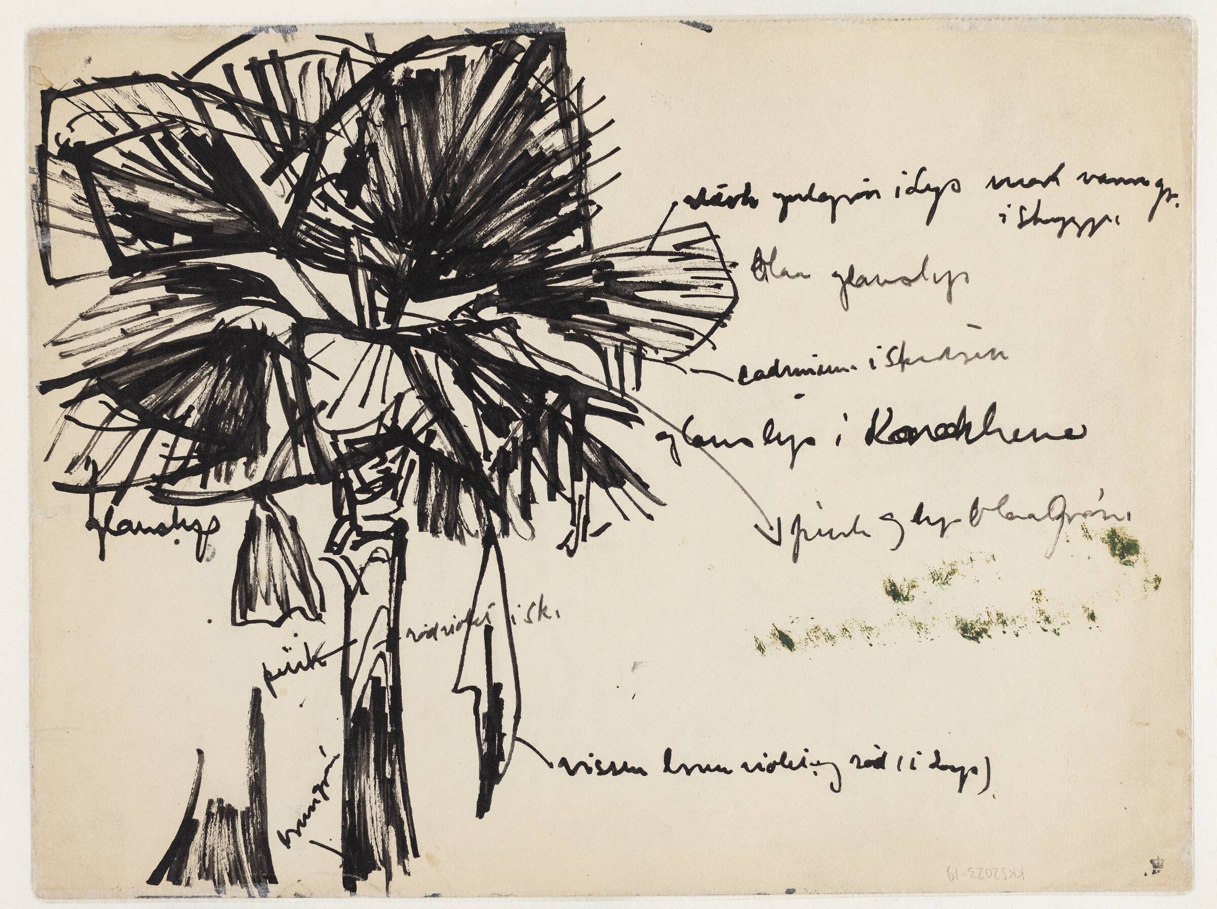 Skitse af en palme med farveangivelser, Astrid Holm, 1876-1937