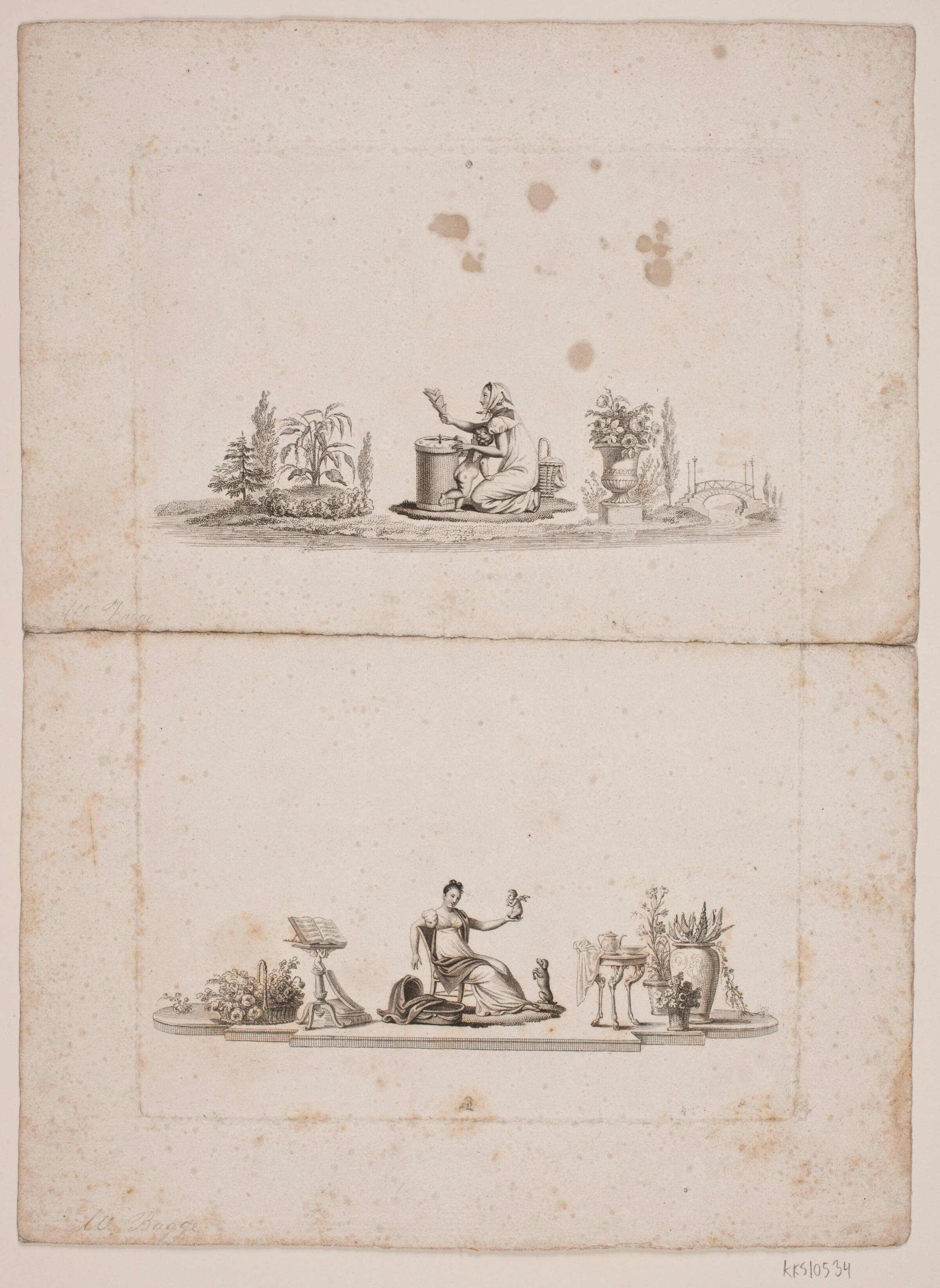 To illustrationer. Knælende kone og Amorin. Siddende dame med Amorin, Oluf Olufsen Bagge, 1780-1836
