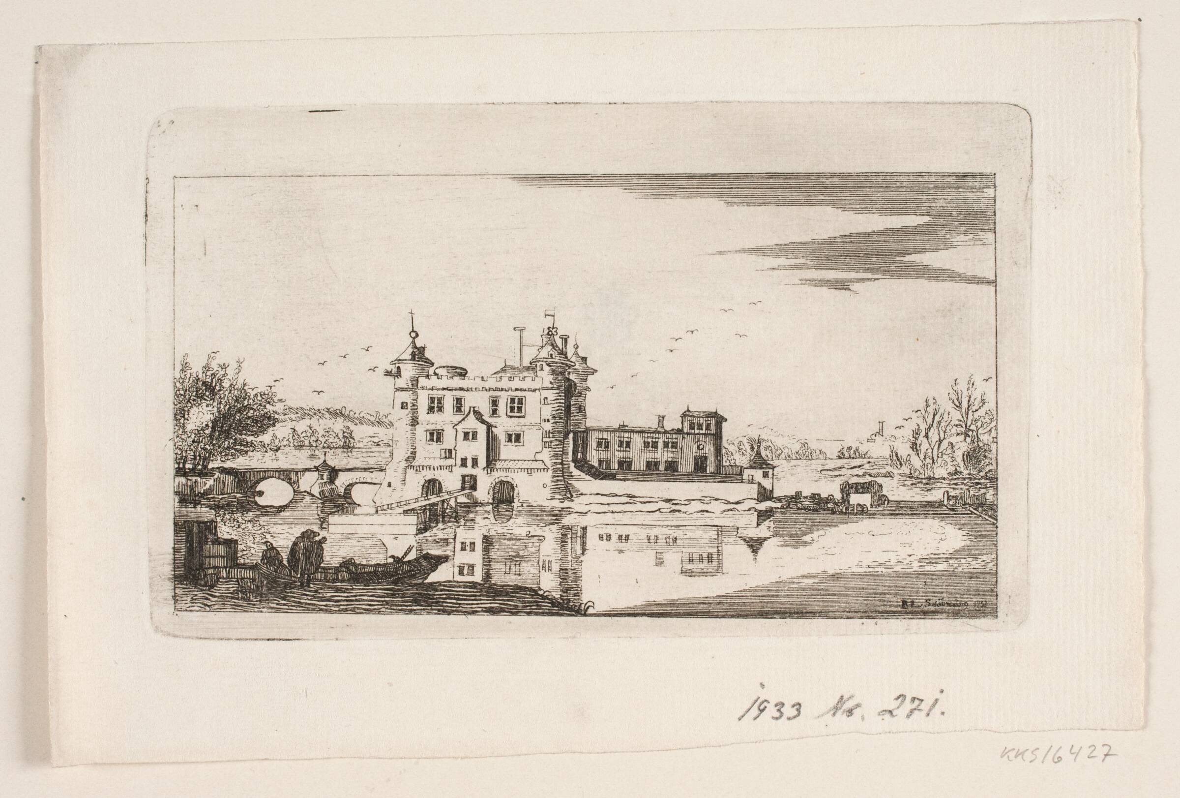 Slot omgivet af voldgrav, P. Schiönning, 1752
