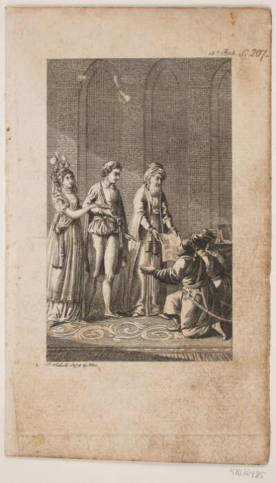 Illustration med et ungt par med en orientaler og tre knælende tyrkiske soldater