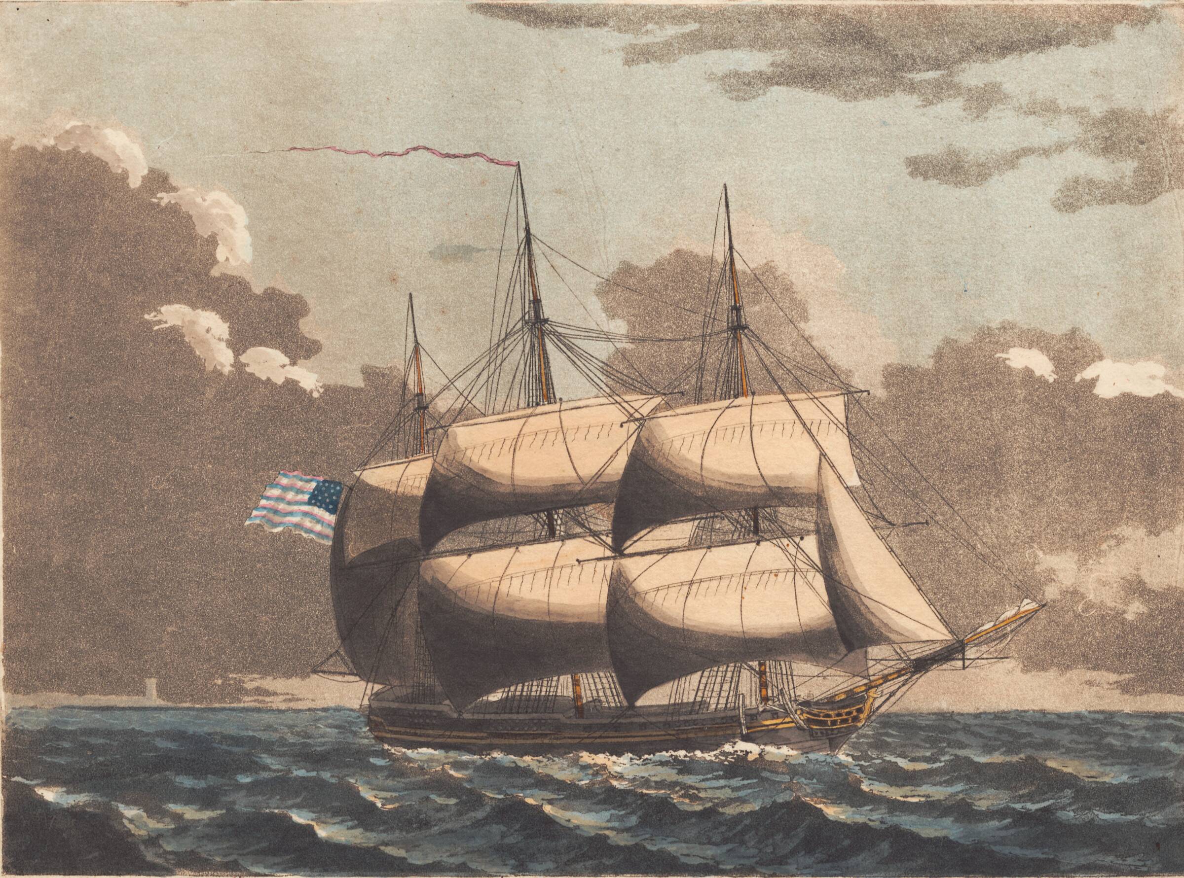 En amerikansk fregat med rebede merseil, at see i læe, Niels Truslew, 1805
