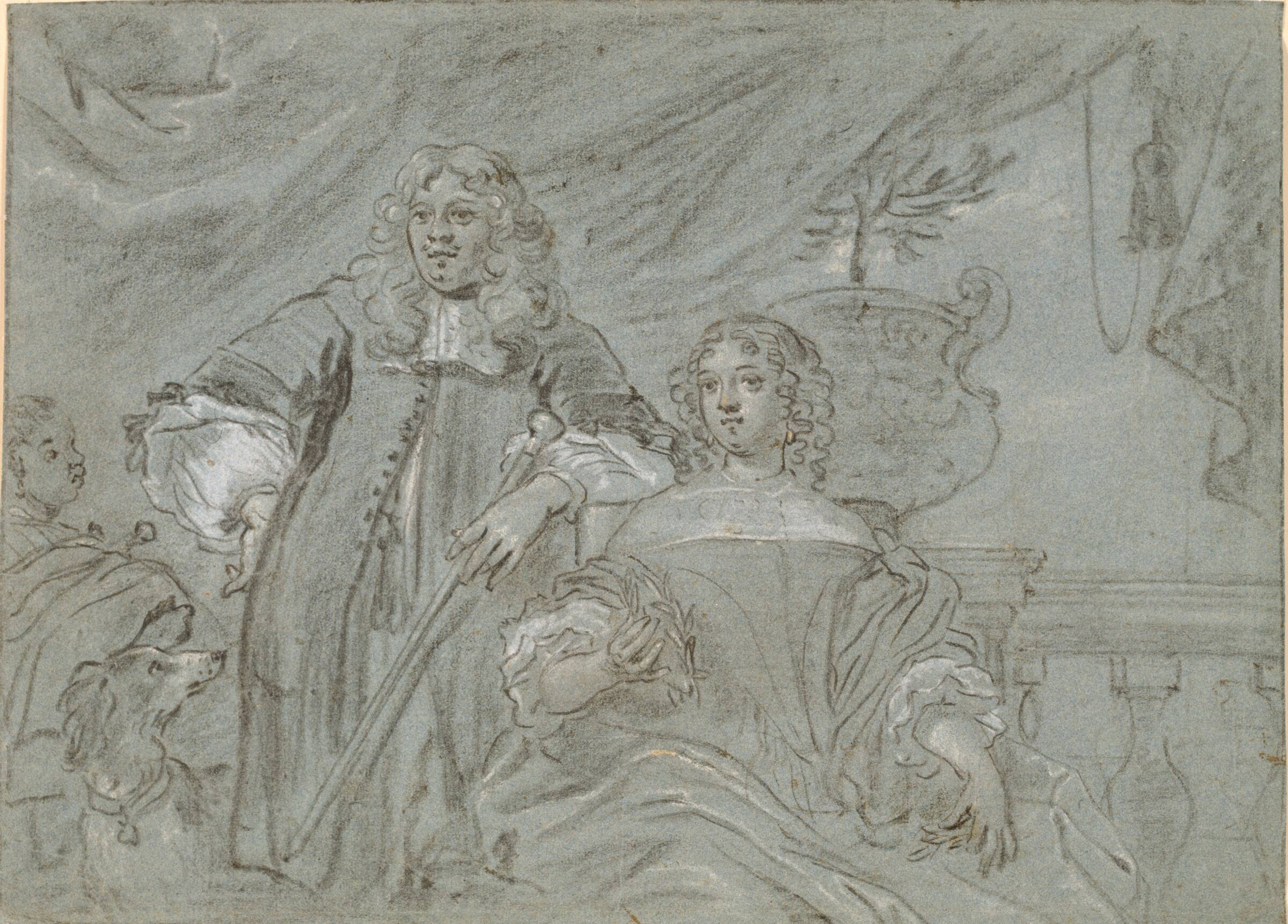 Gruppe af en siddende dame og en stående herre, knæfigurer. I baggrunden en sort afrikaner og en hund, t.h. en ballustrade, Abraham Lambertsz. van den Tempel, 1668-1670