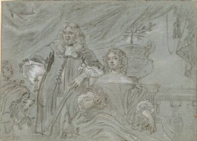 Gruppe af en siddende dame og en stående herre, knæfigurer. I baggrunden en sort afrikaner og en hund, t.h. en ballustrade