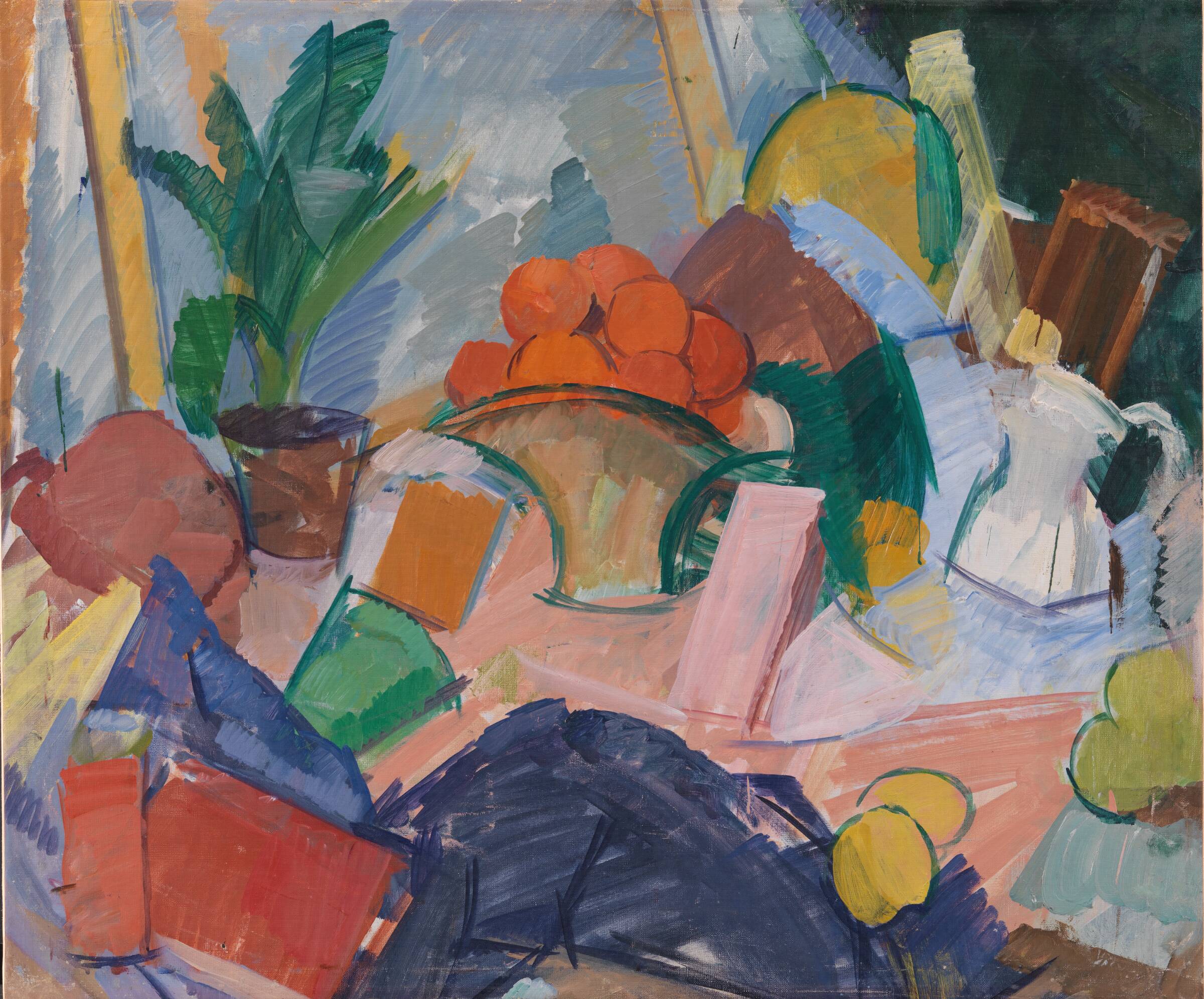 Opstilling med en blomsterkurv med appelsiner, Edvard Weie, 1923