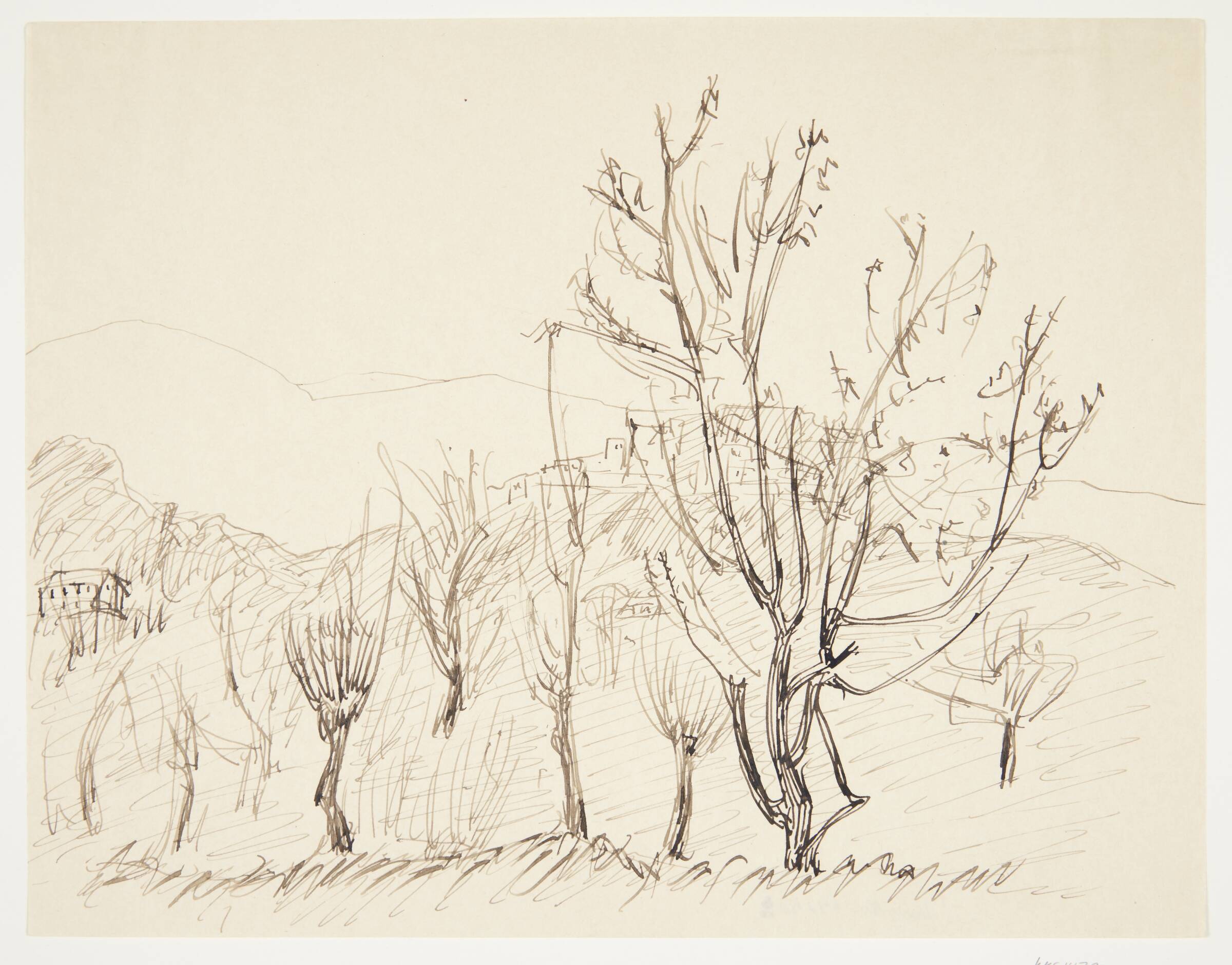 Sydlandsk landskab med træer i forgrunden; i baggrunden bjerge og en by, Olivia Holm-Møller, 1890-1943