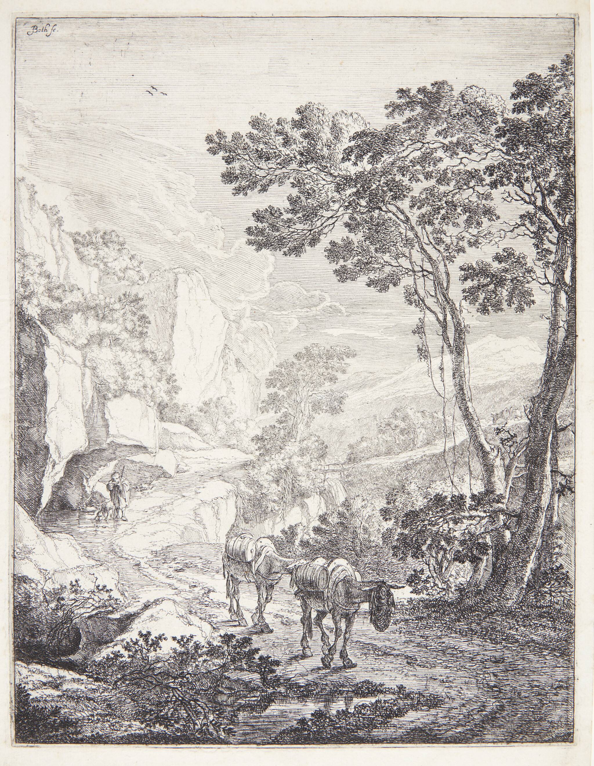 Landskab med to mulæsler på en vej. Rocca Aquatico ved Ancona