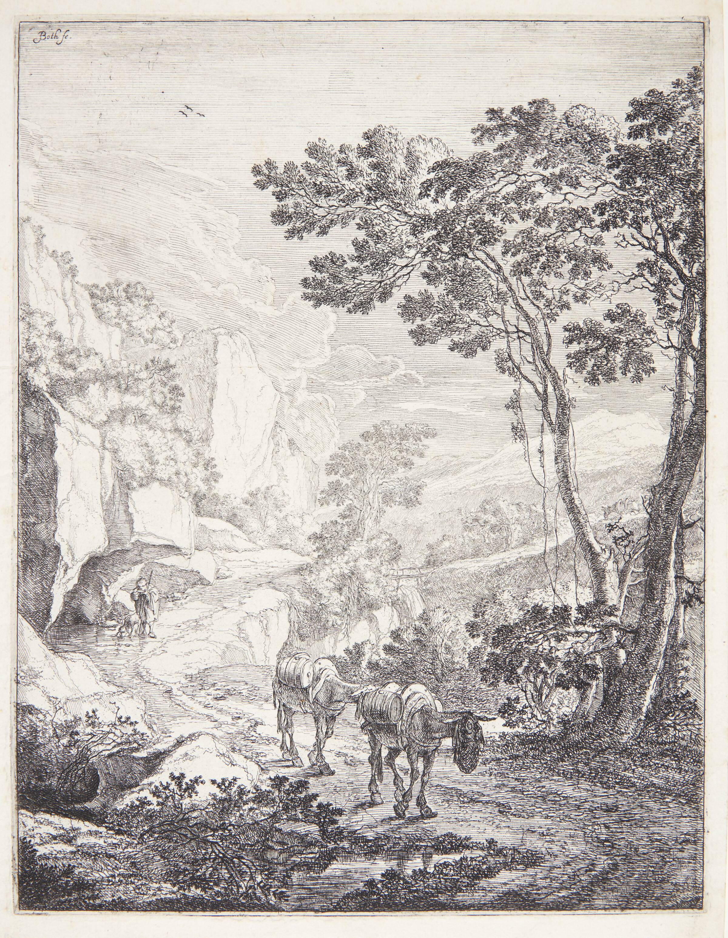 Landskab med to mulæsler på en vej. Rocca Aquatico ved Ancona, Jan Both, 1618-1654