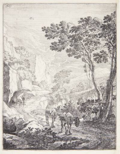 Landskab med to mulæsler på en vej. Rocca Aquatico ved Ancona