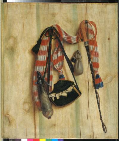 Trompe l'oeil med ridepisk og brevtaske