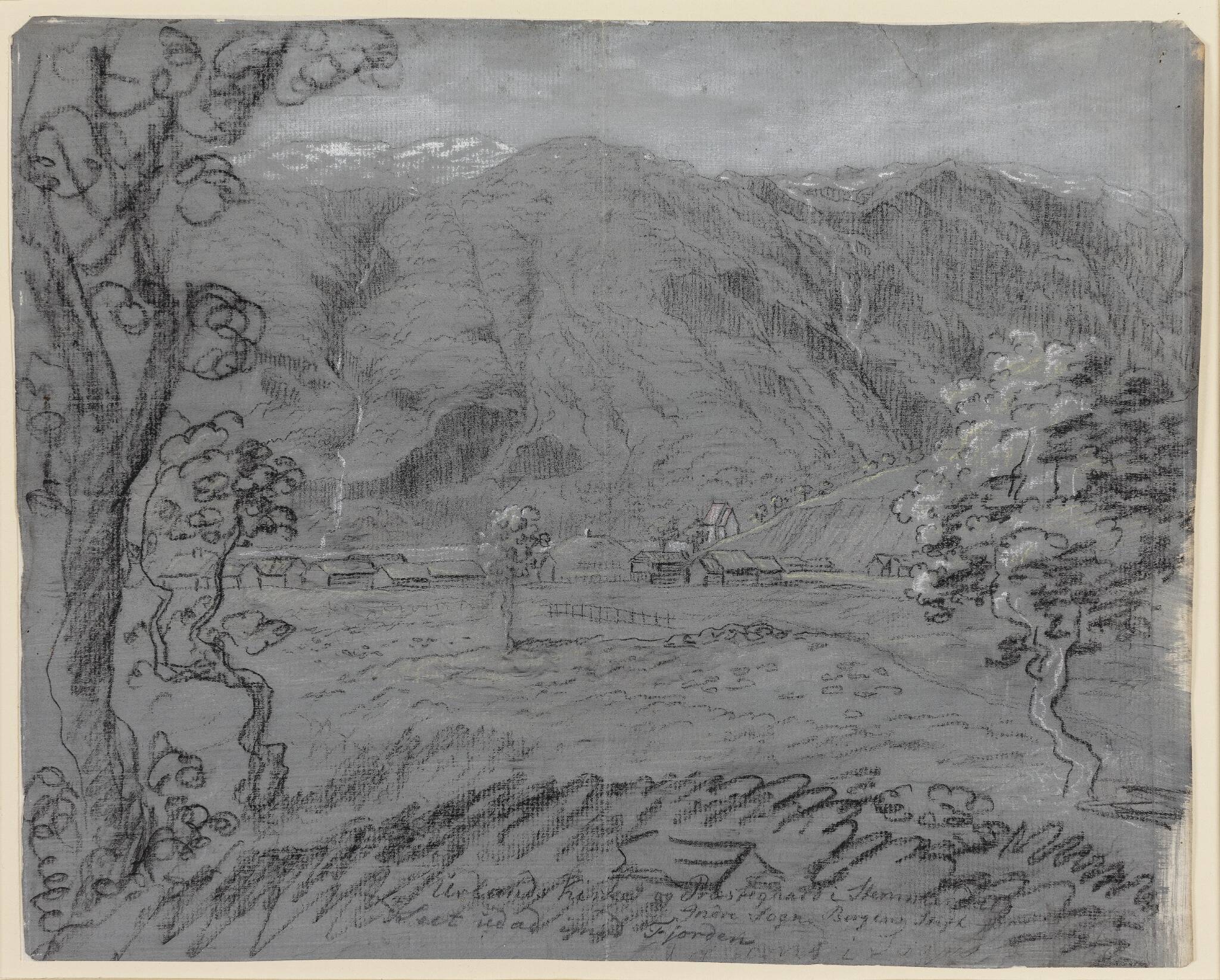 Urland Kirke og præstegård i Stemmedal, set mod fjorden