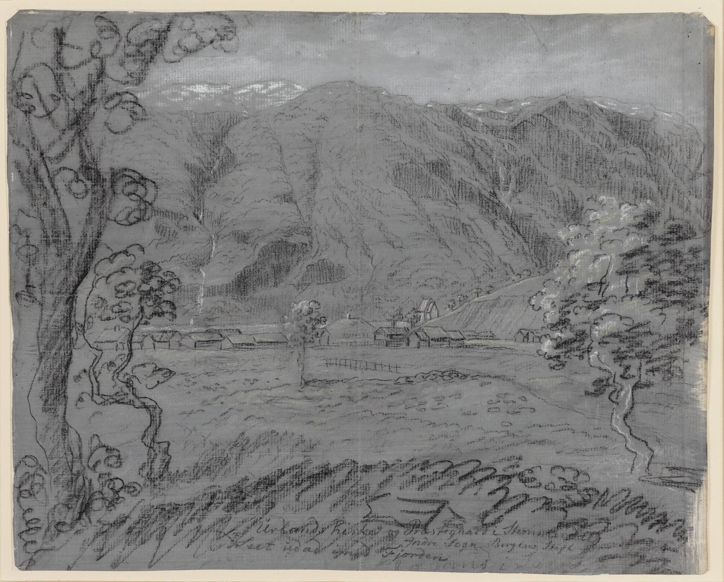 Urland Kirke og præstegård i Stemmedal, set mod fjorden, Johannes Flintoe, 1819