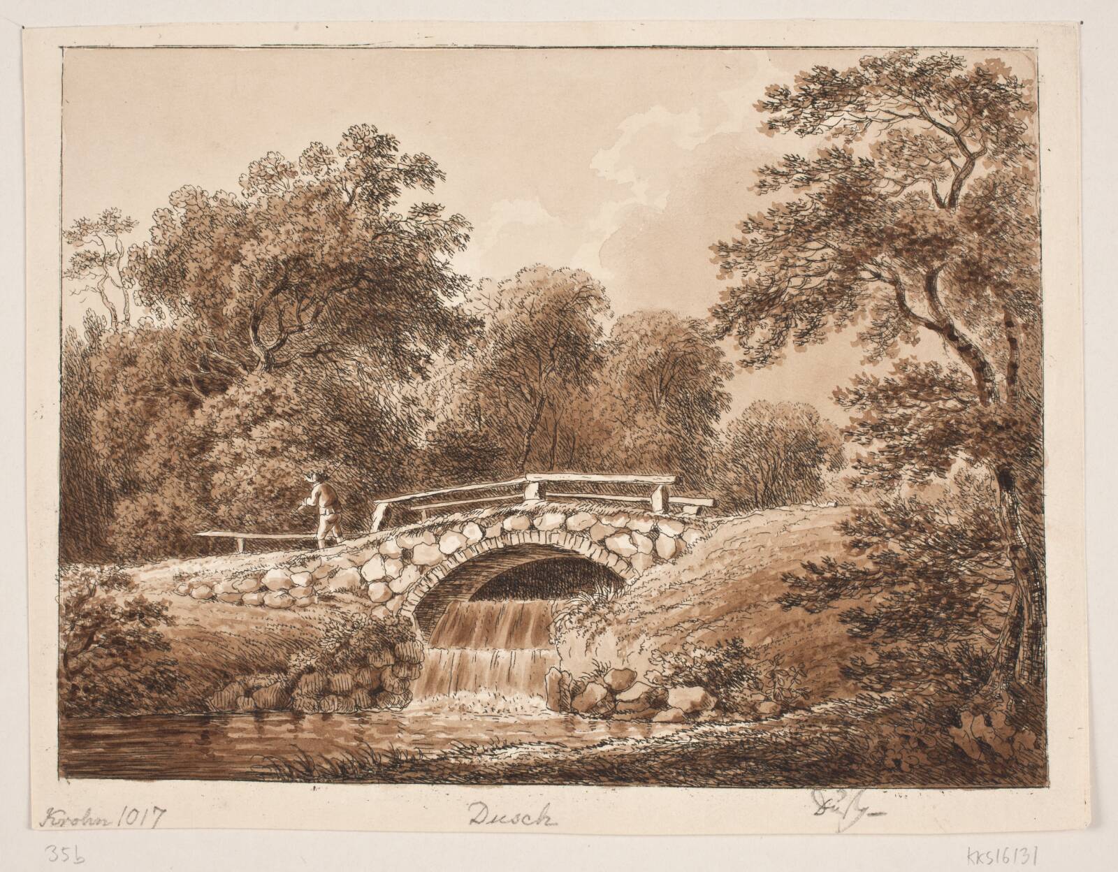 Skovparti med bro over åløb, by Anton Carl Dusch, 1760-1829