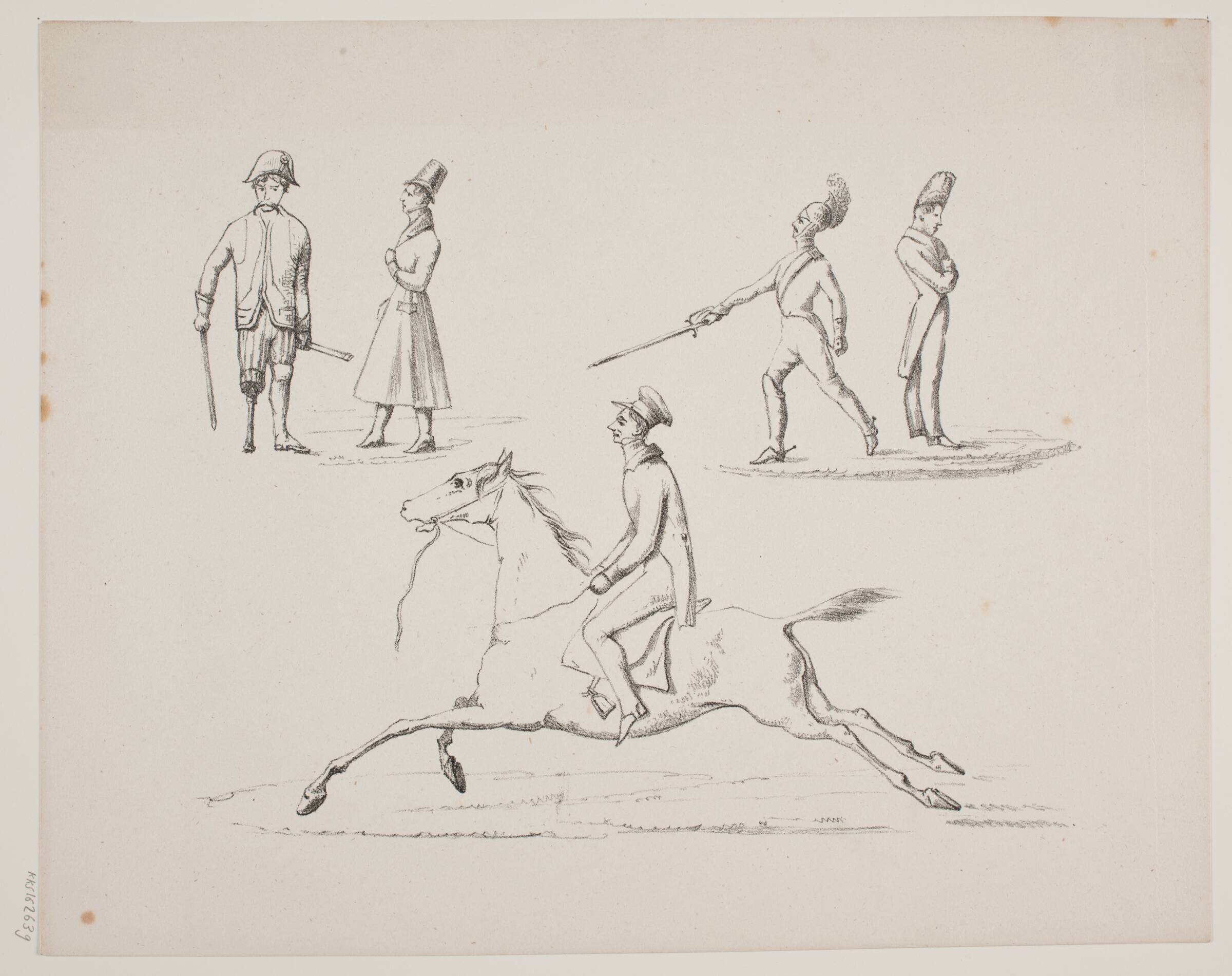 Prøveblad med rytter og folk til fods, N.B. Krossing, 1795-1854